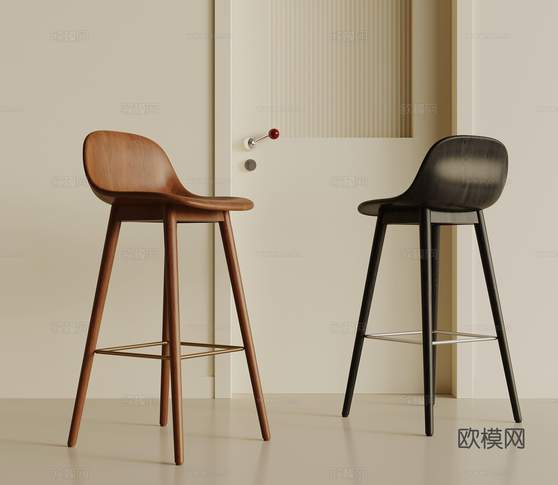 现代中古吧凳 木质吧椅su模型