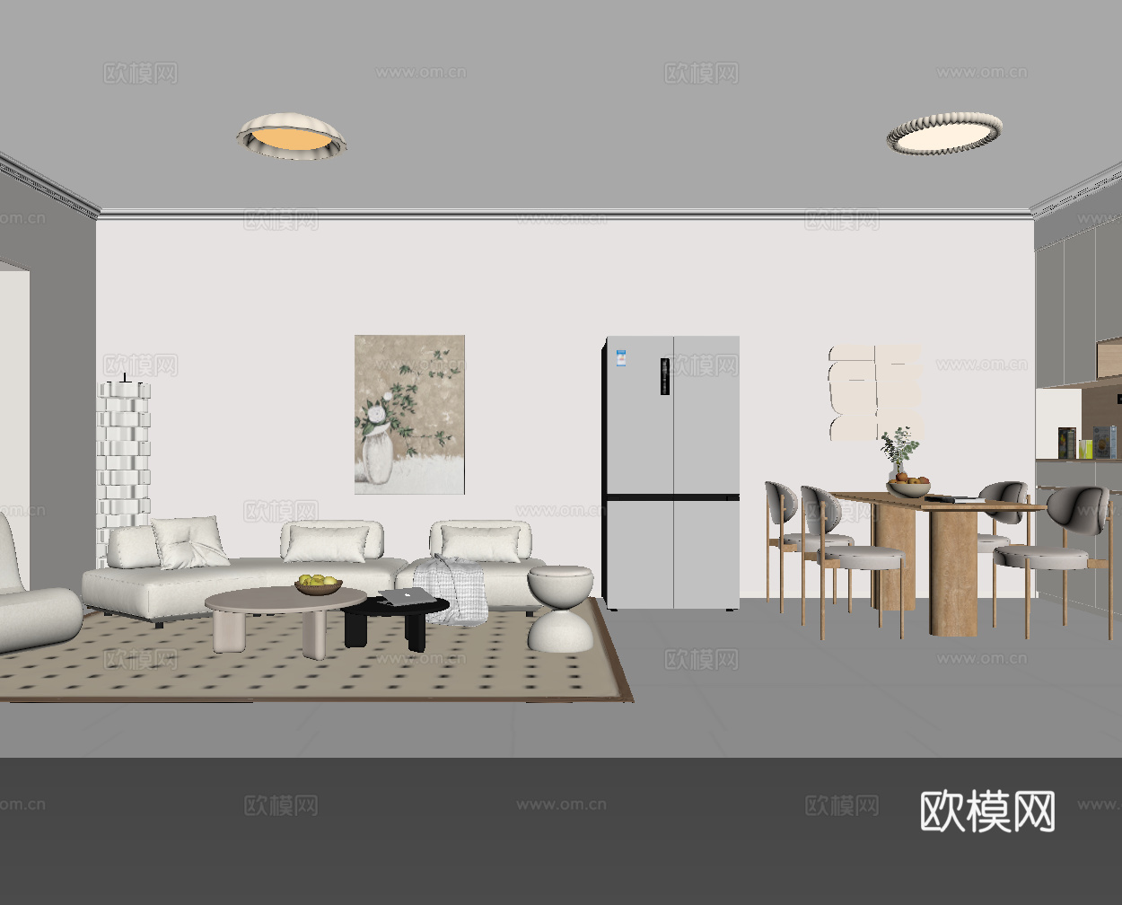 奶油风客餐厅 沙发茶几组合 餐桌椅 餐边柜su模型