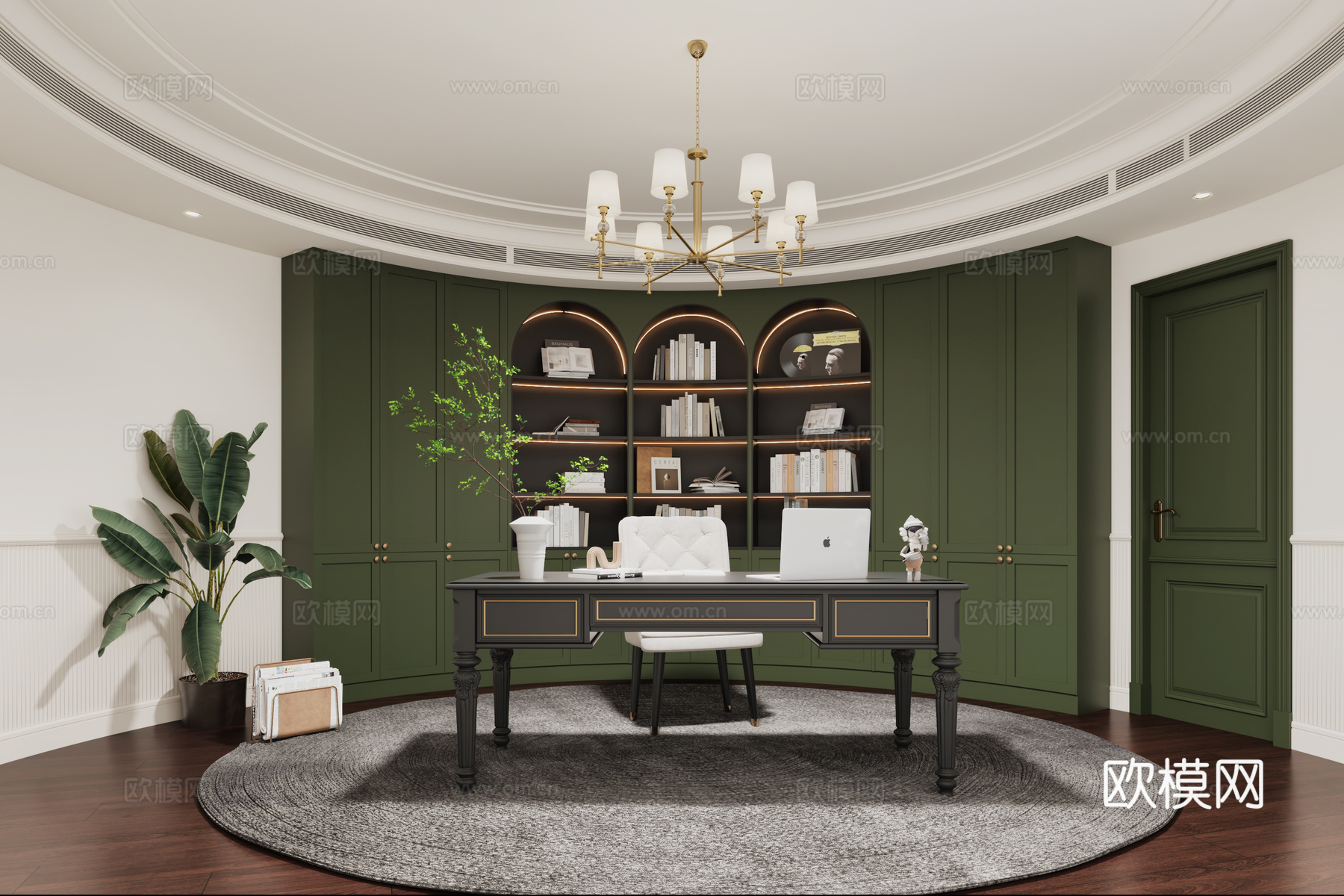 法式书房 法式书桌 法式书柜 法式吊灯 法式房间门3d模型下载