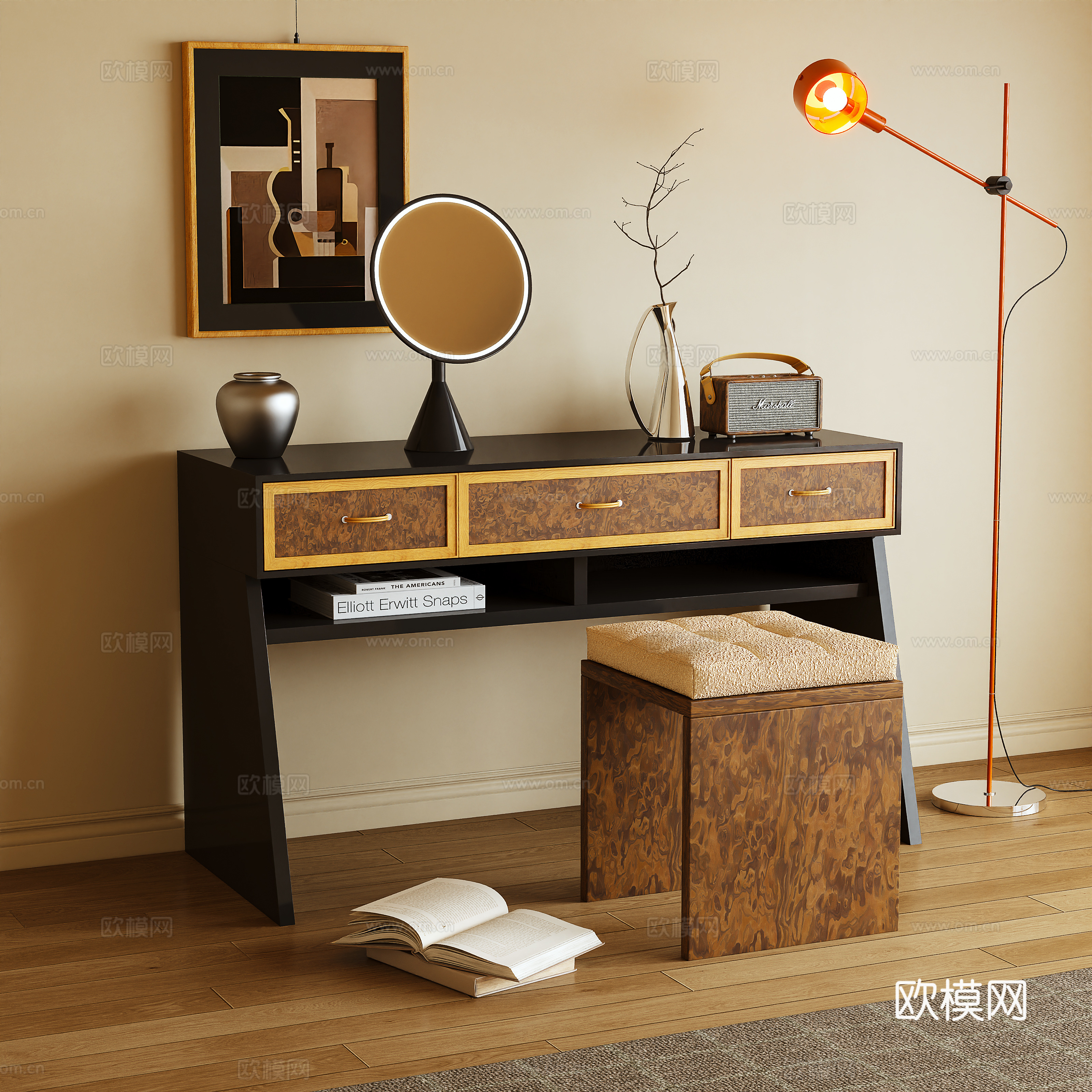 梳妆台 化妆桌 镜子 凳子3d模型下载