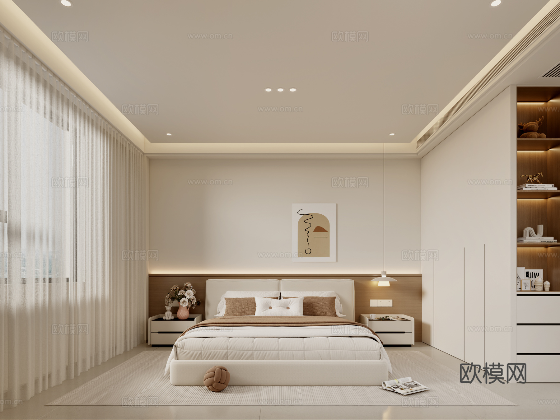 奶油风卧室 奶油风床 奶油风衣柜 奶油风床头柜 奶油风柜子3d模型下载