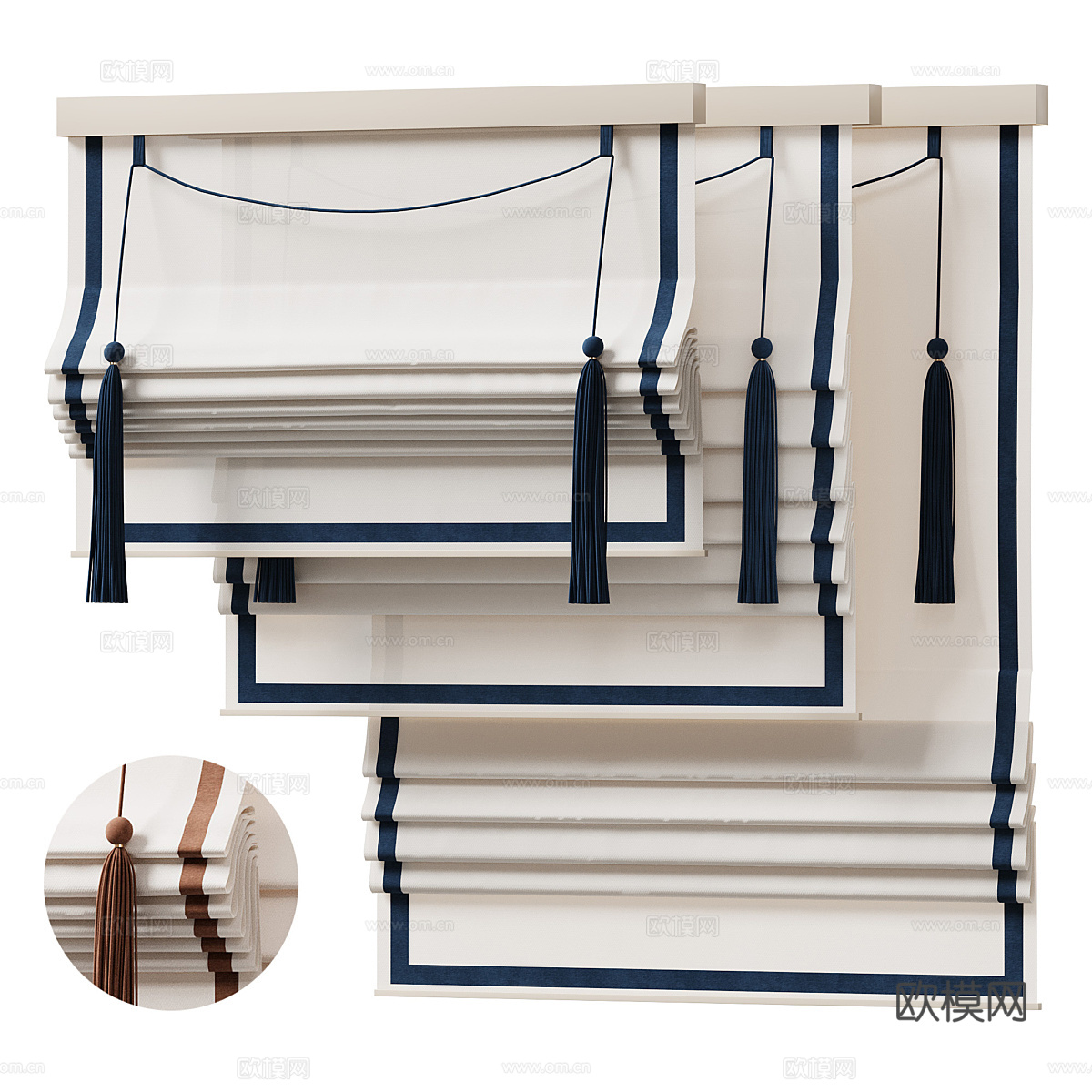 新中式流苏布艺罗马帘3d模型下载（渲染图1）