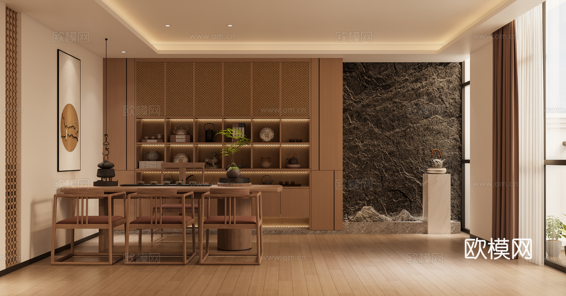 新中式茶室茶桌椅茶柜3d模型下载