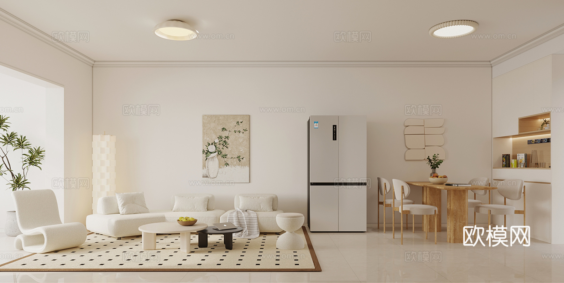 奶油风客餐厅 沙发茶几组合 餐桌椅 餐边柜su模型