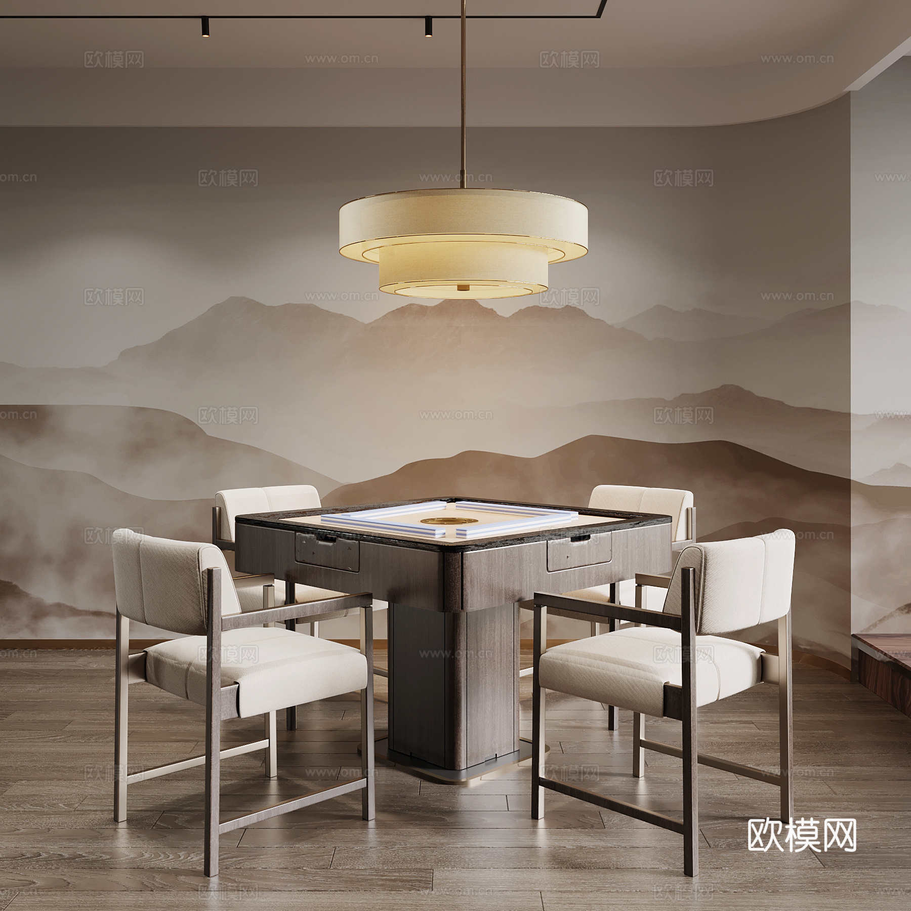 新中式棋牌室 麻将室 麻将桌su模型