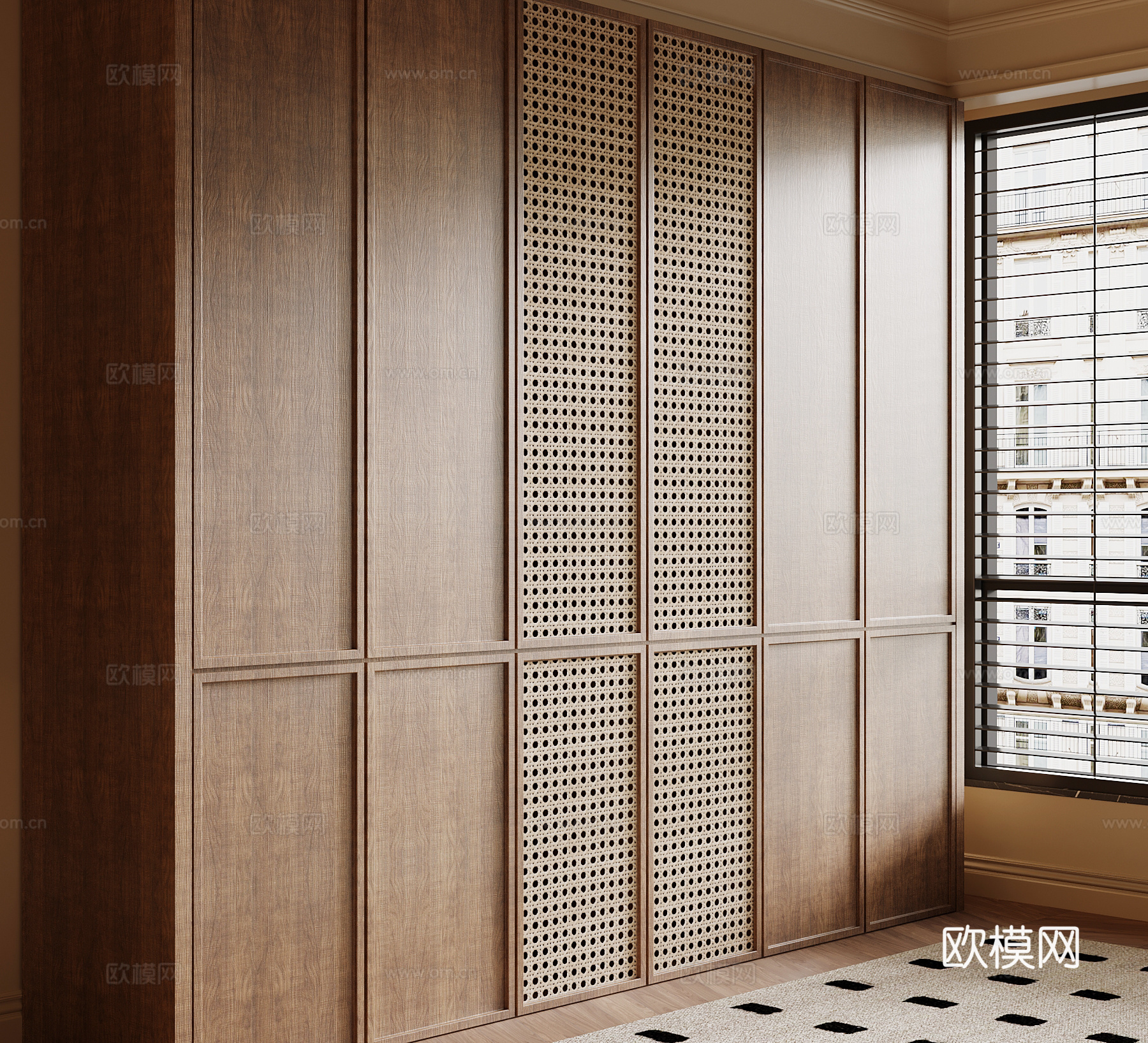 中古风衣柜 藤编柜门su模型