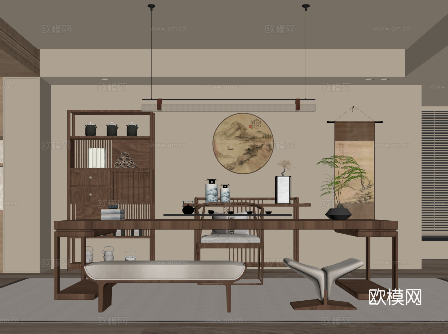 新中式茶室 茶桌椅 博古架su模型