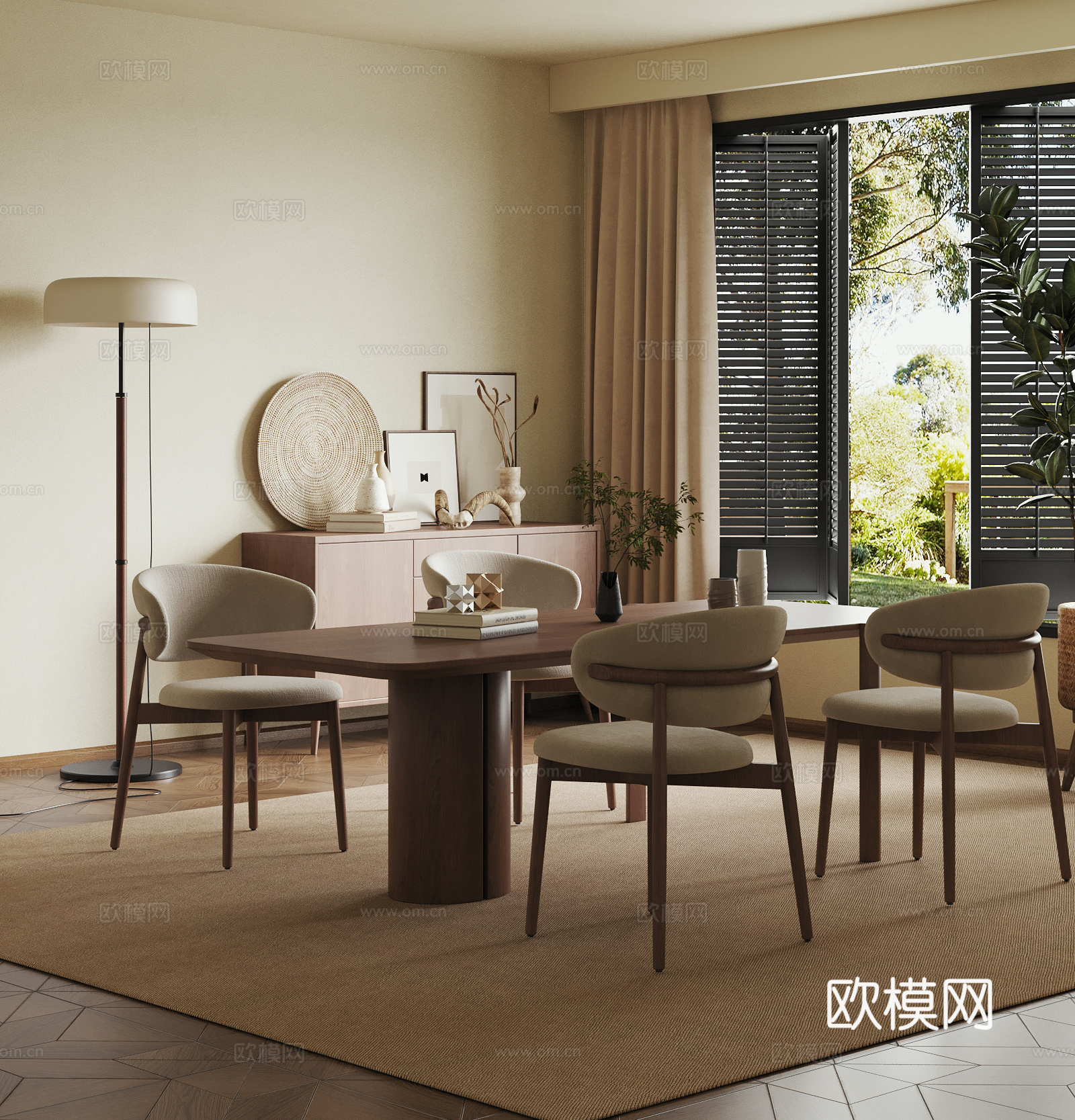 中古风餐厅 餐桌椅 餐边柜3d模型下载
