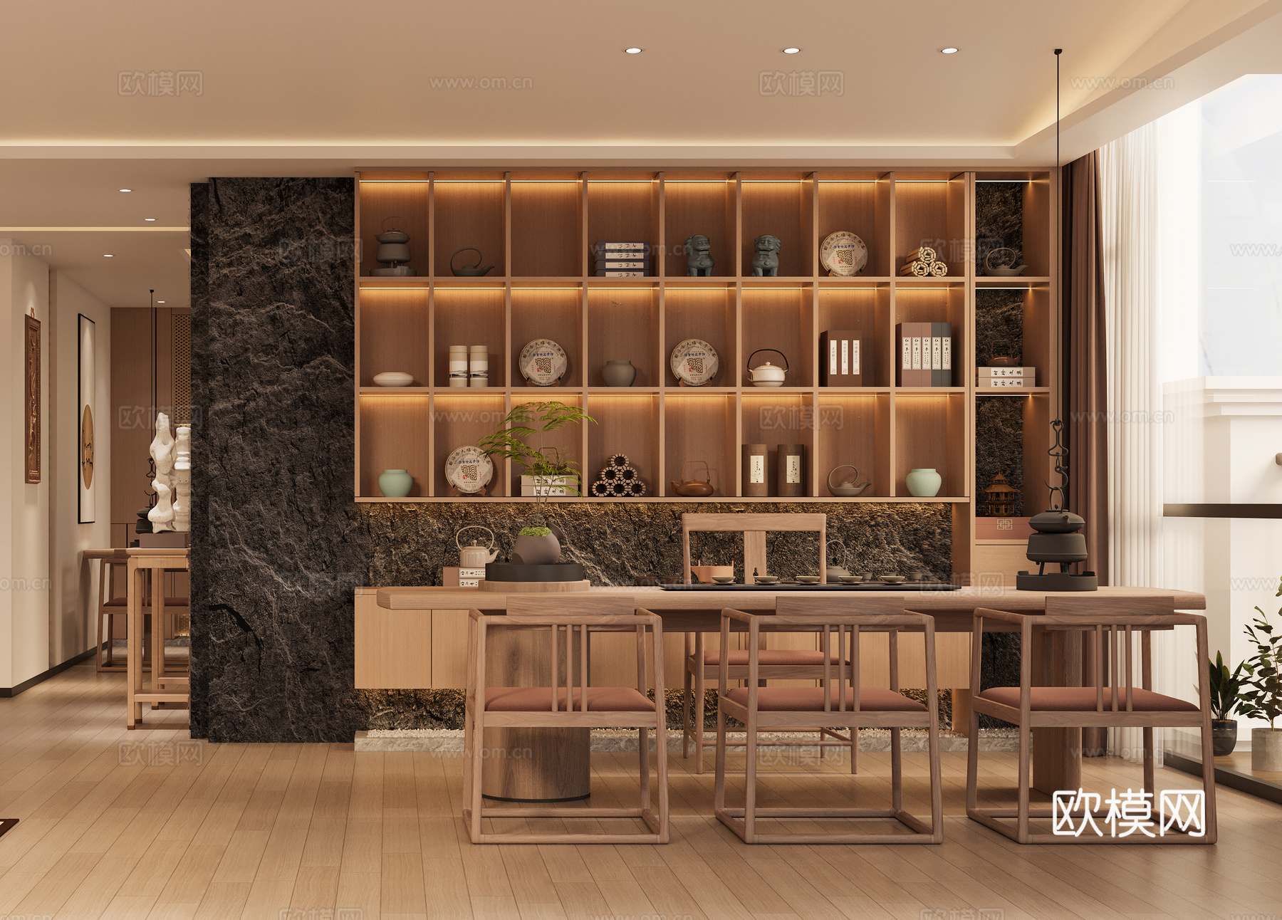 新中式茶室茶叶茶桌椅茶具3d模型下载