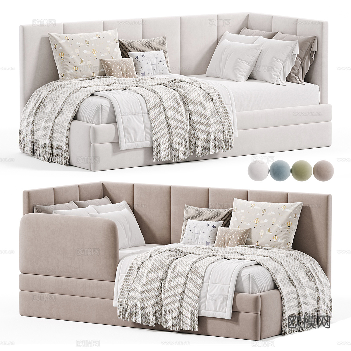 现代奶油风儿童布艺沙发床3d模型下载（渲染图1）
