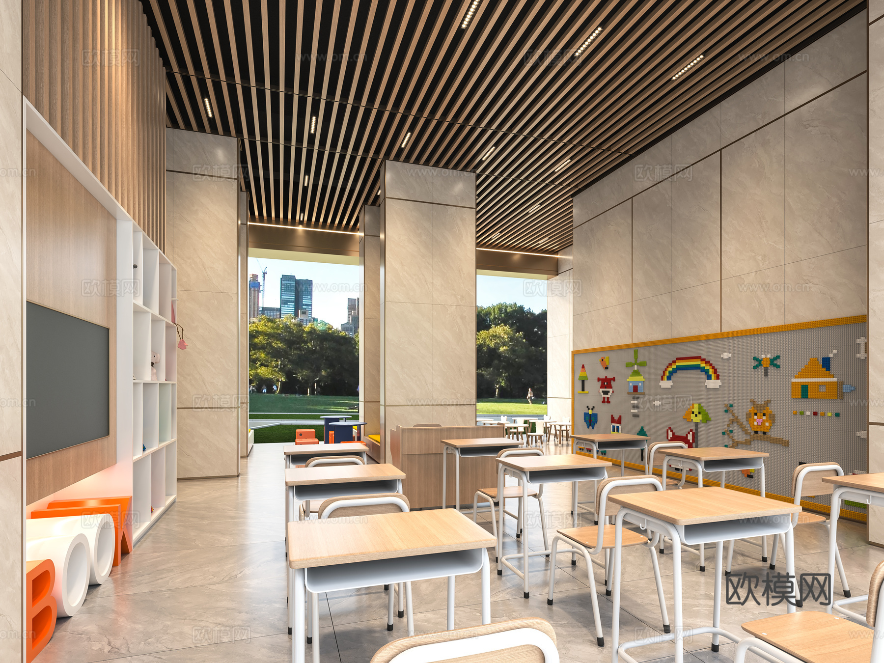 架空层儿童娱乐区课桌椅3d模型下载（渲染图1）