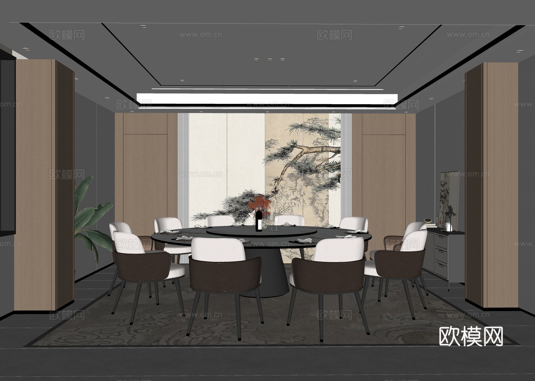 新中式餐厅包厢 酒店包间 餐桌椅su模型