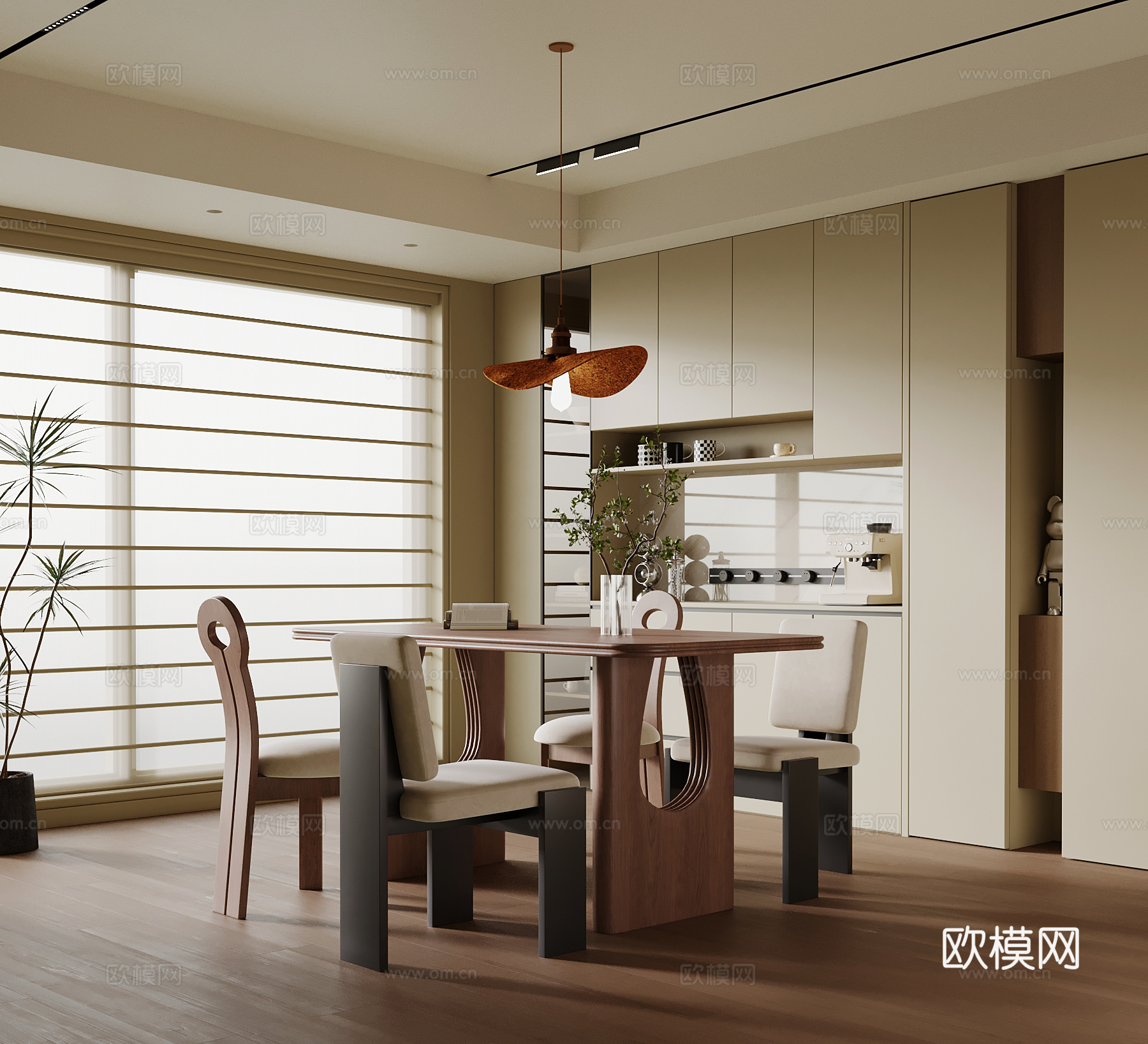 中古风餐厅 餐桌椅 酒柜 餐边柜su模型