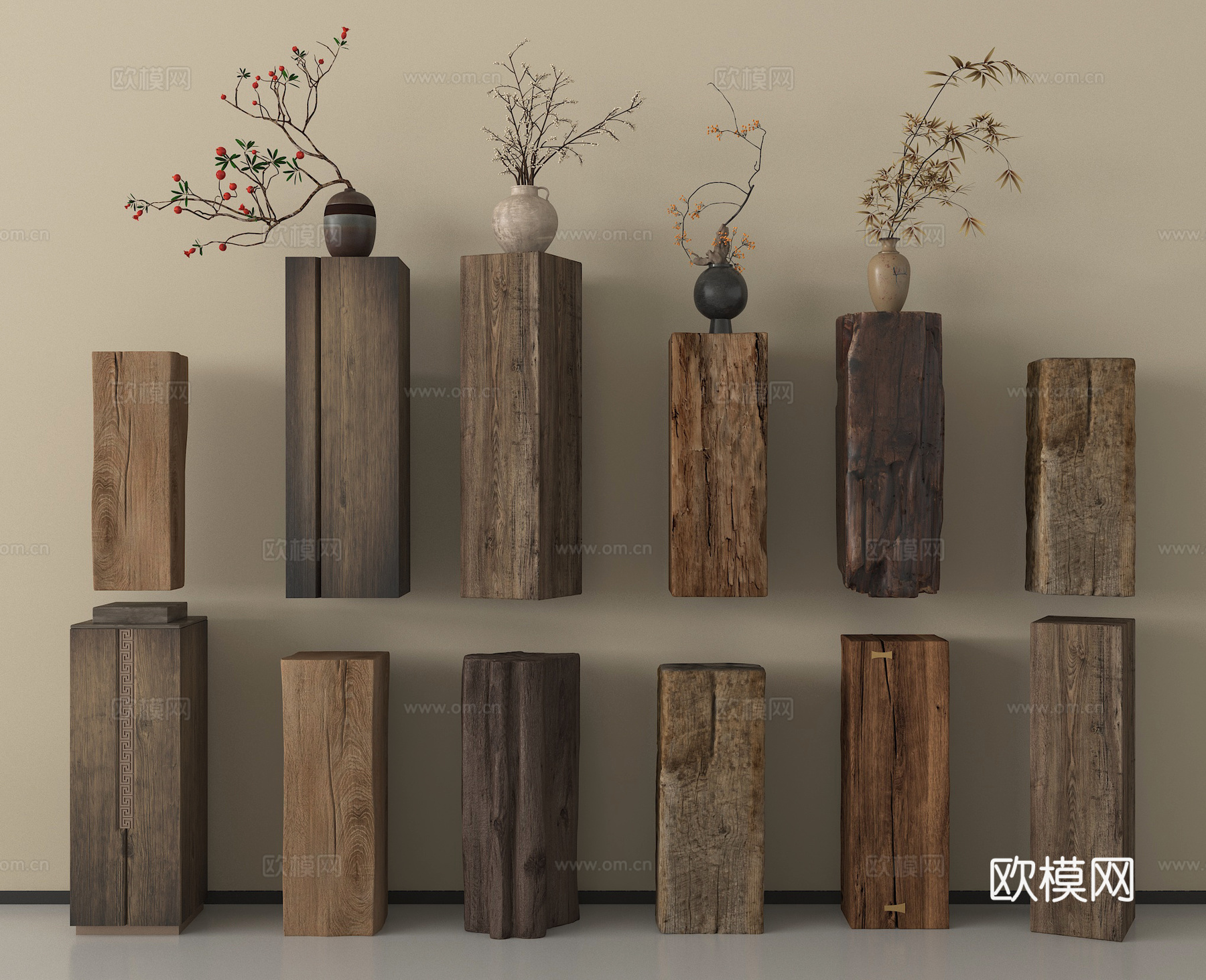 中古柱子花瓶柱墩  老木头柱子su模型