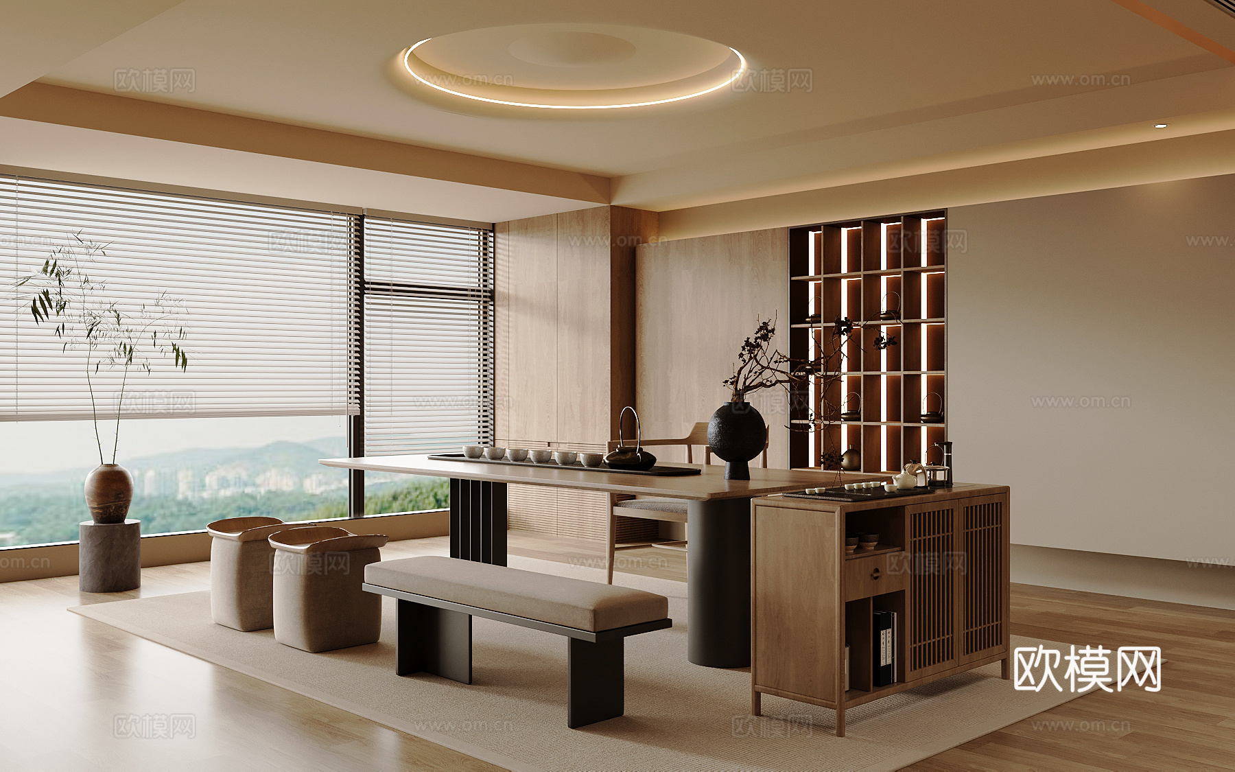 新中式茶室 茶桌椅 茶水柜su模型