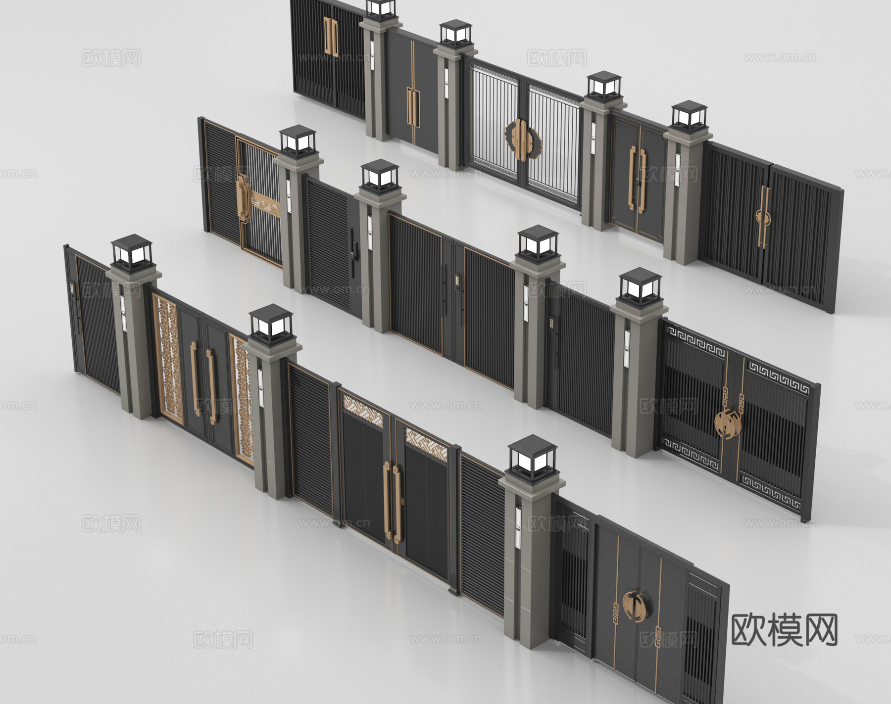 新中式庭院门   围墙 别墅大门   别墅庭院门  庭院铁门su模型