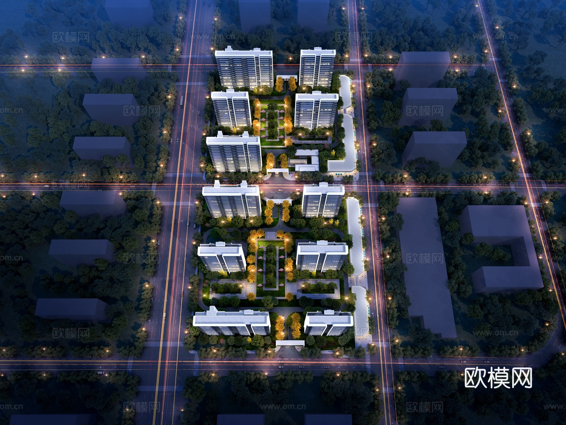 夜景住宅鸟瞰3d模型下载