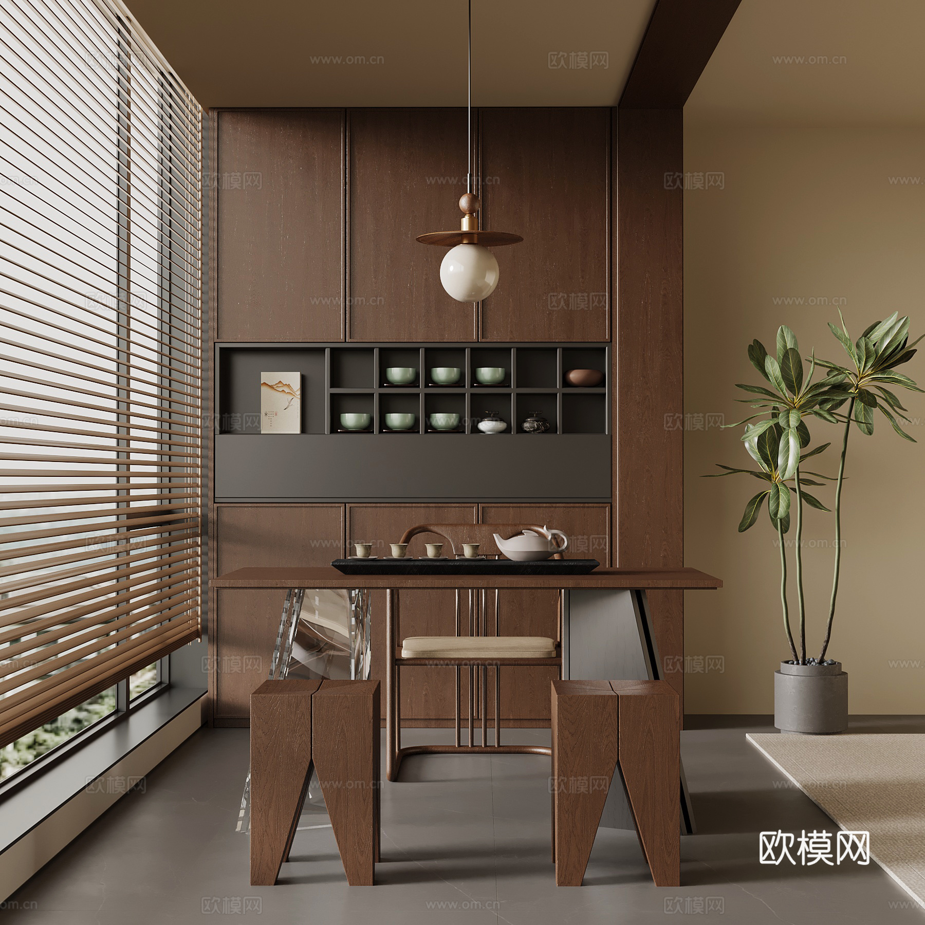 中古风小茶室 阳台 小茶台 茶柜su模型