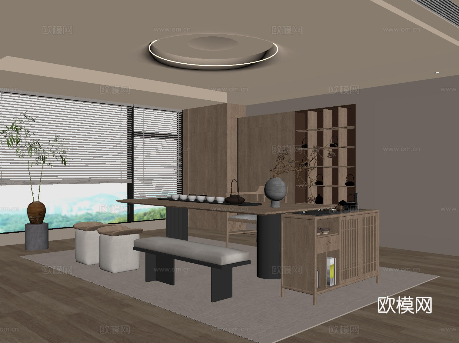 新中式茶室 茶桌椅 茶水柜su模型