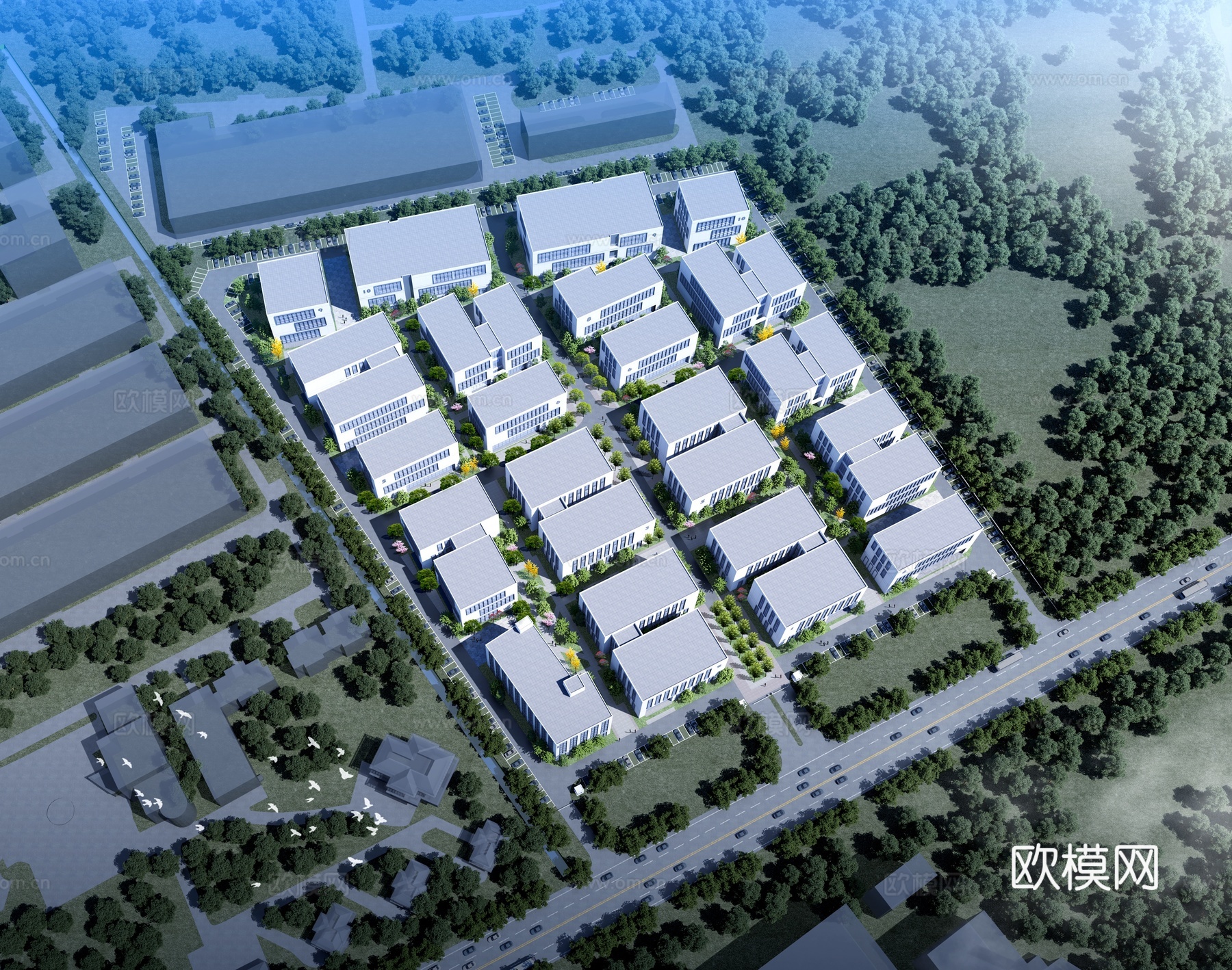 工业园区厂房鸟瞰3d模型下载