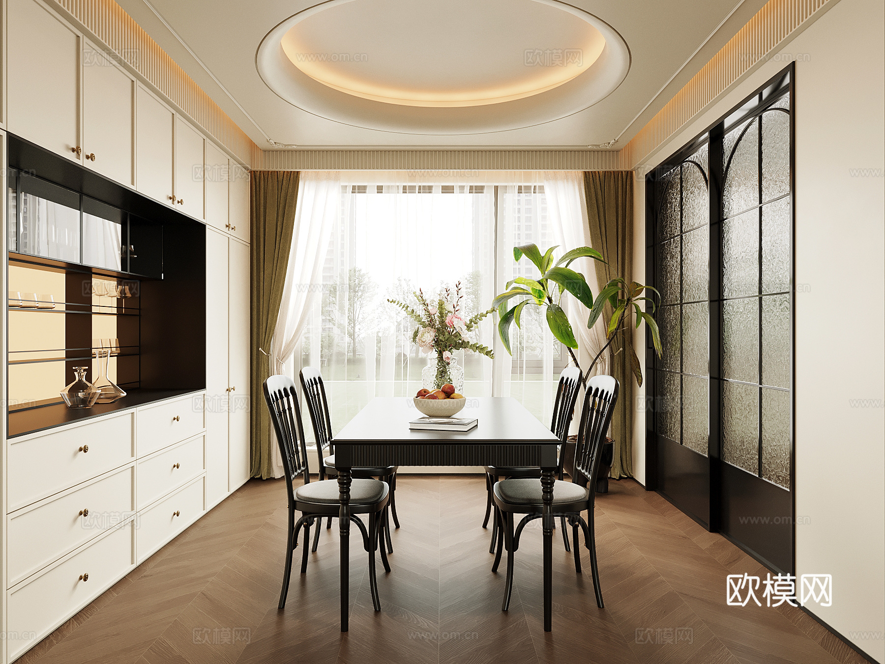 法式复古风餐厅 酒柜 餐桌椅3d模型下载