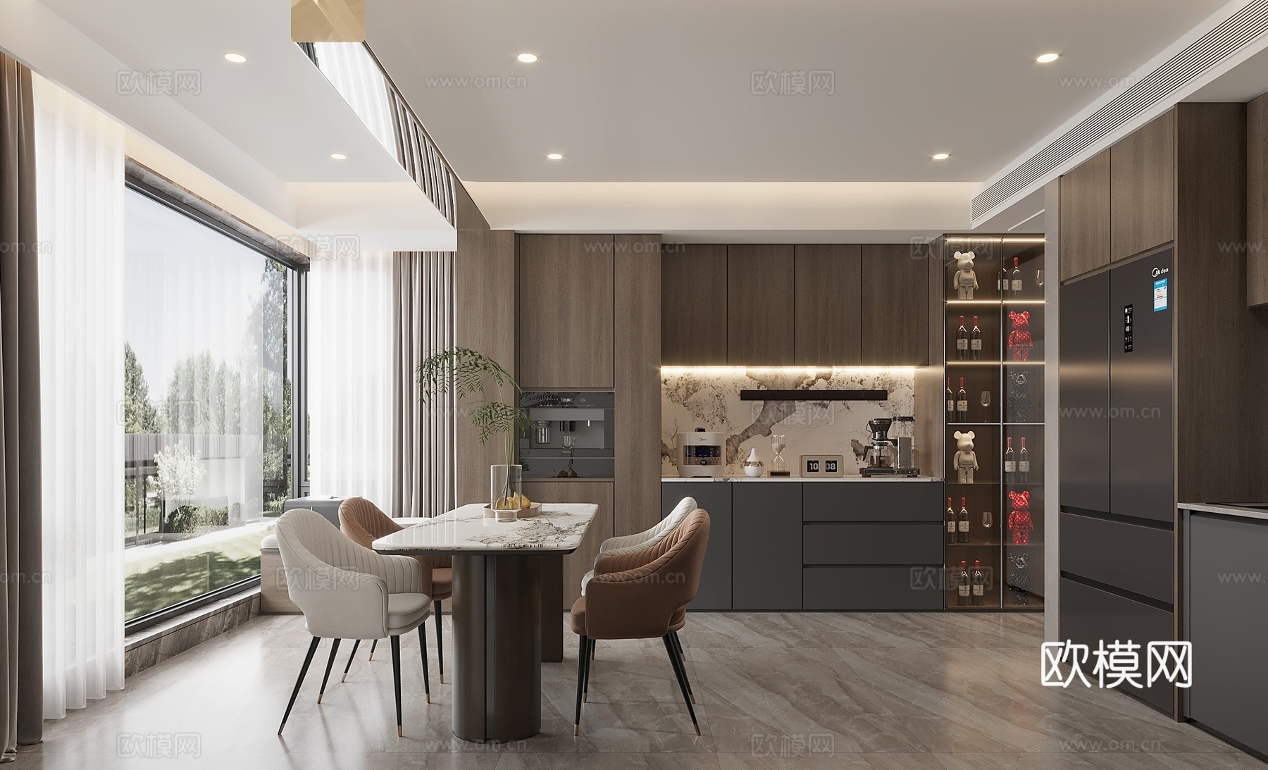 现代厨房 L型橱柜 油烟机 餐边柜 玻璃柜3d模型下载（渲染图1）