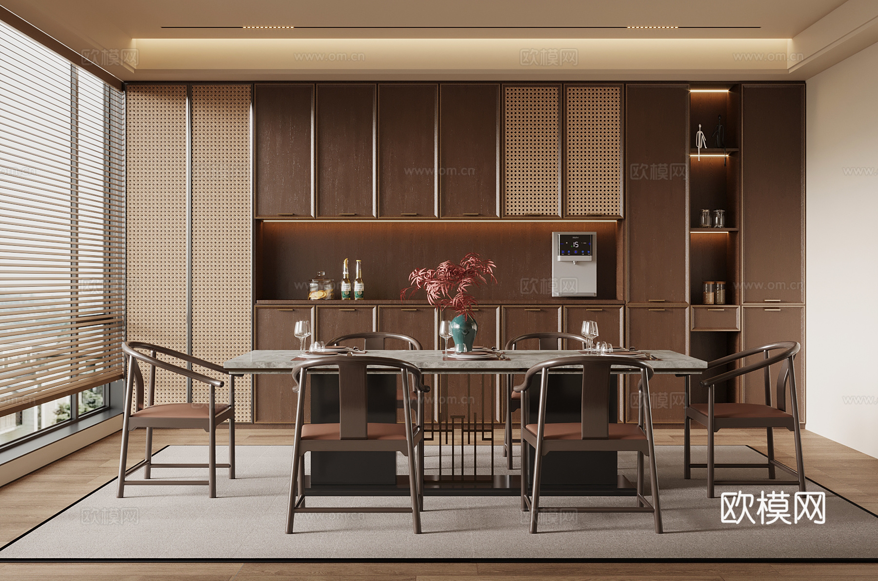新中式餐厅 餐桌椅 酒柜3d模型下载