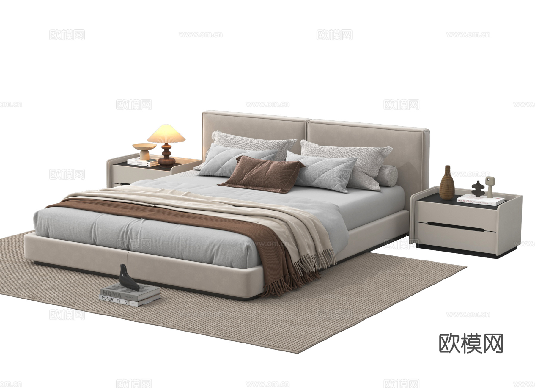 现代双人床   布艺双人床  床头柜 吊灯3d模型下载
