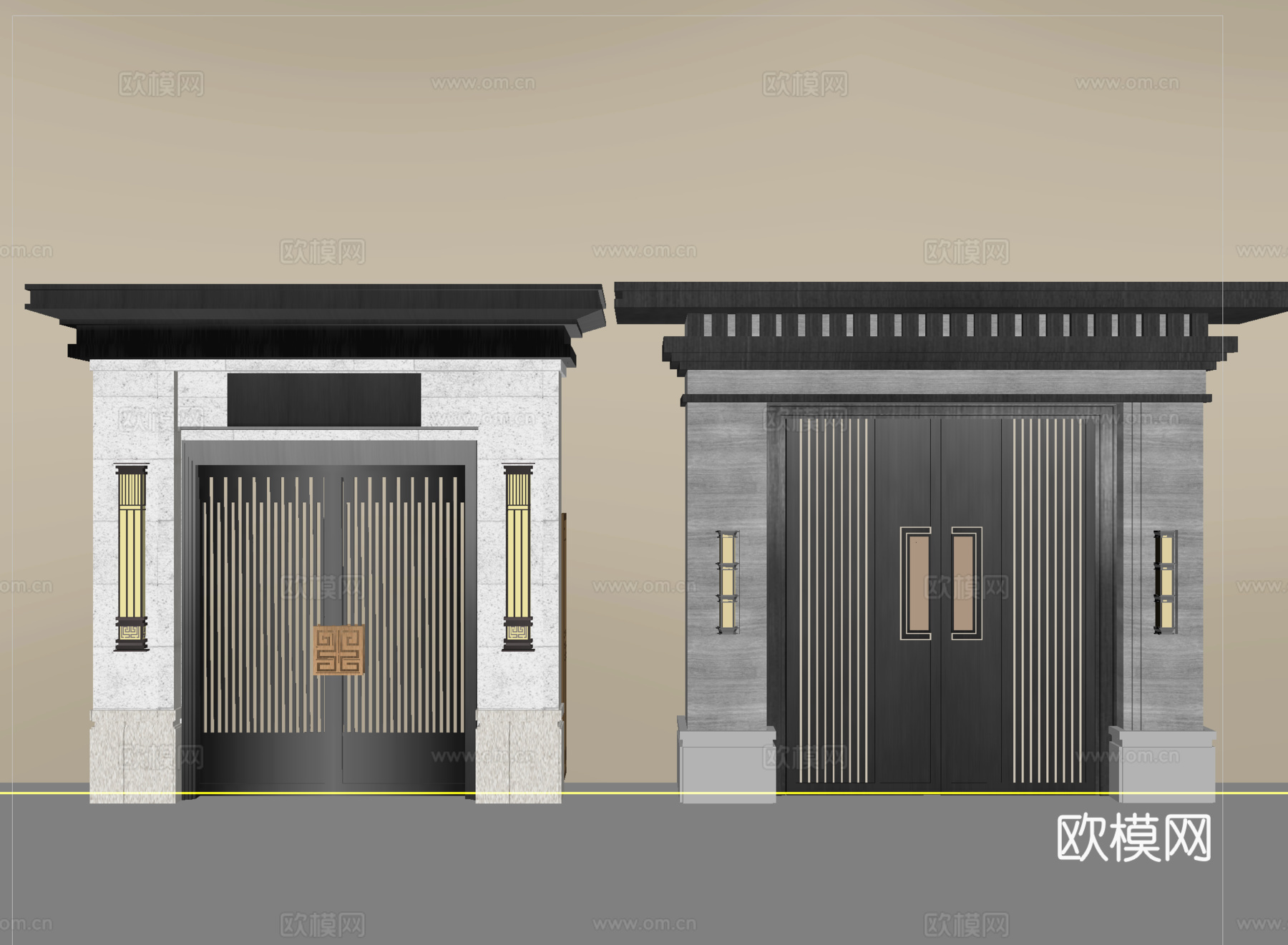 新中式庭院大门   别墅大门   庭院铁艺大门  户外大门su模型