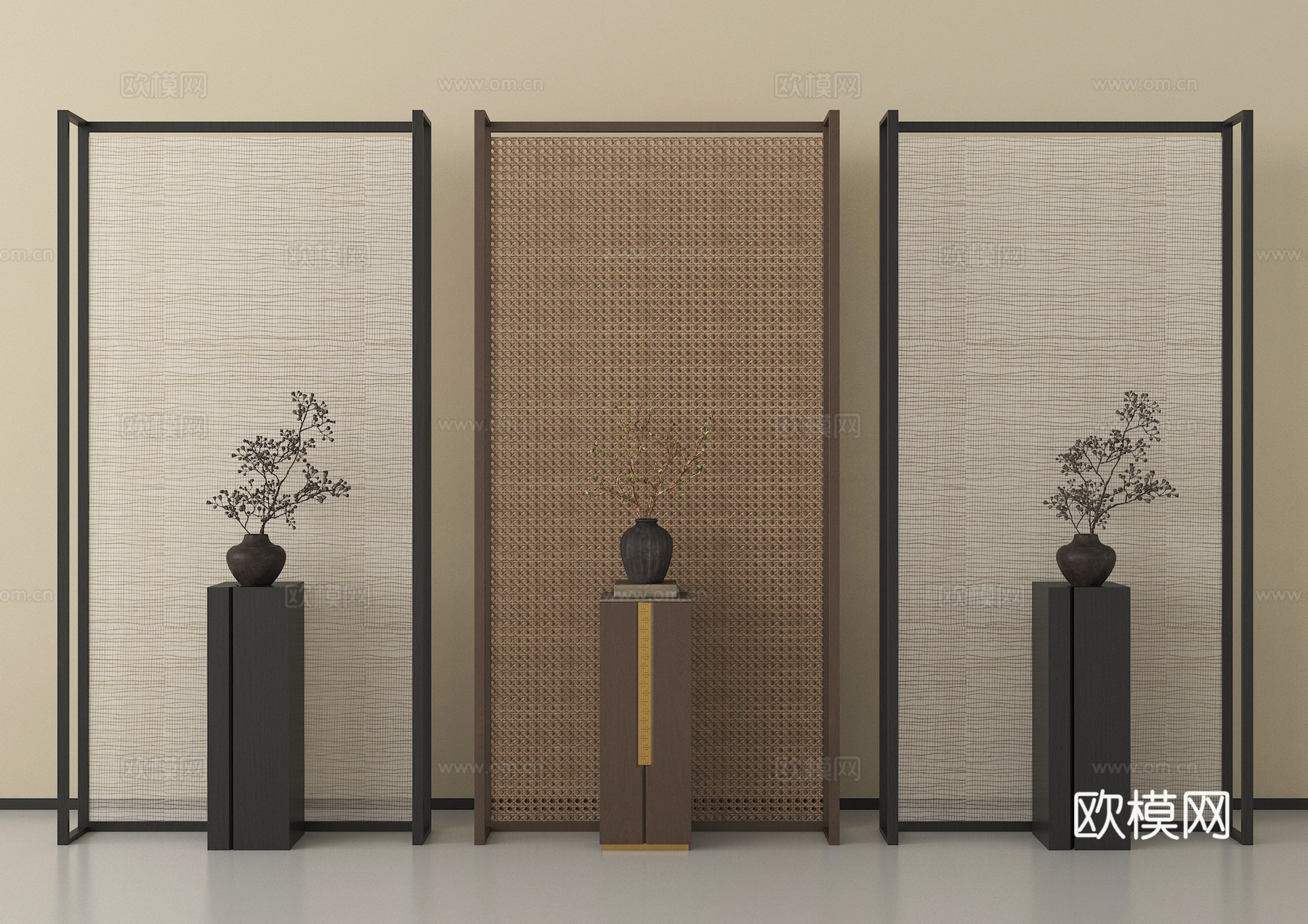 中式屏风隔断   花几 花艺su模型