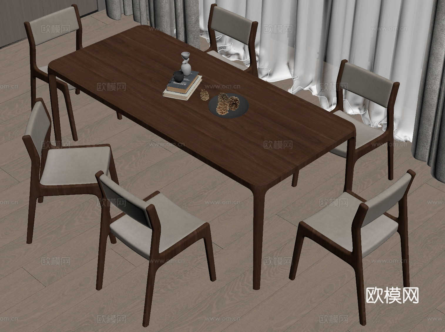 现代中古餐桌椅su模型