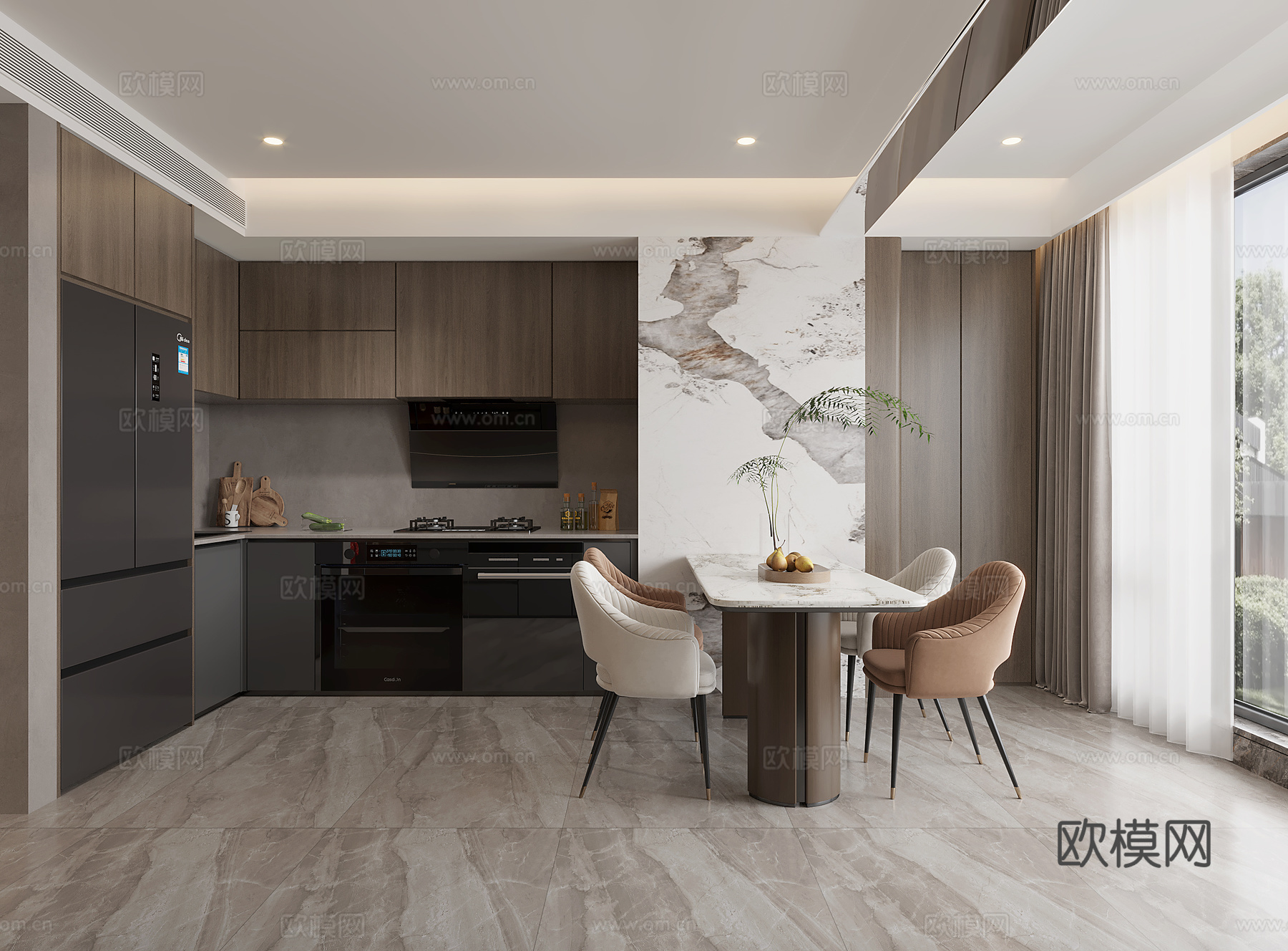 现代厨房 L型橱柜 油烟机 餐边柜 玻璃柜3d模型下载（渲染图2）