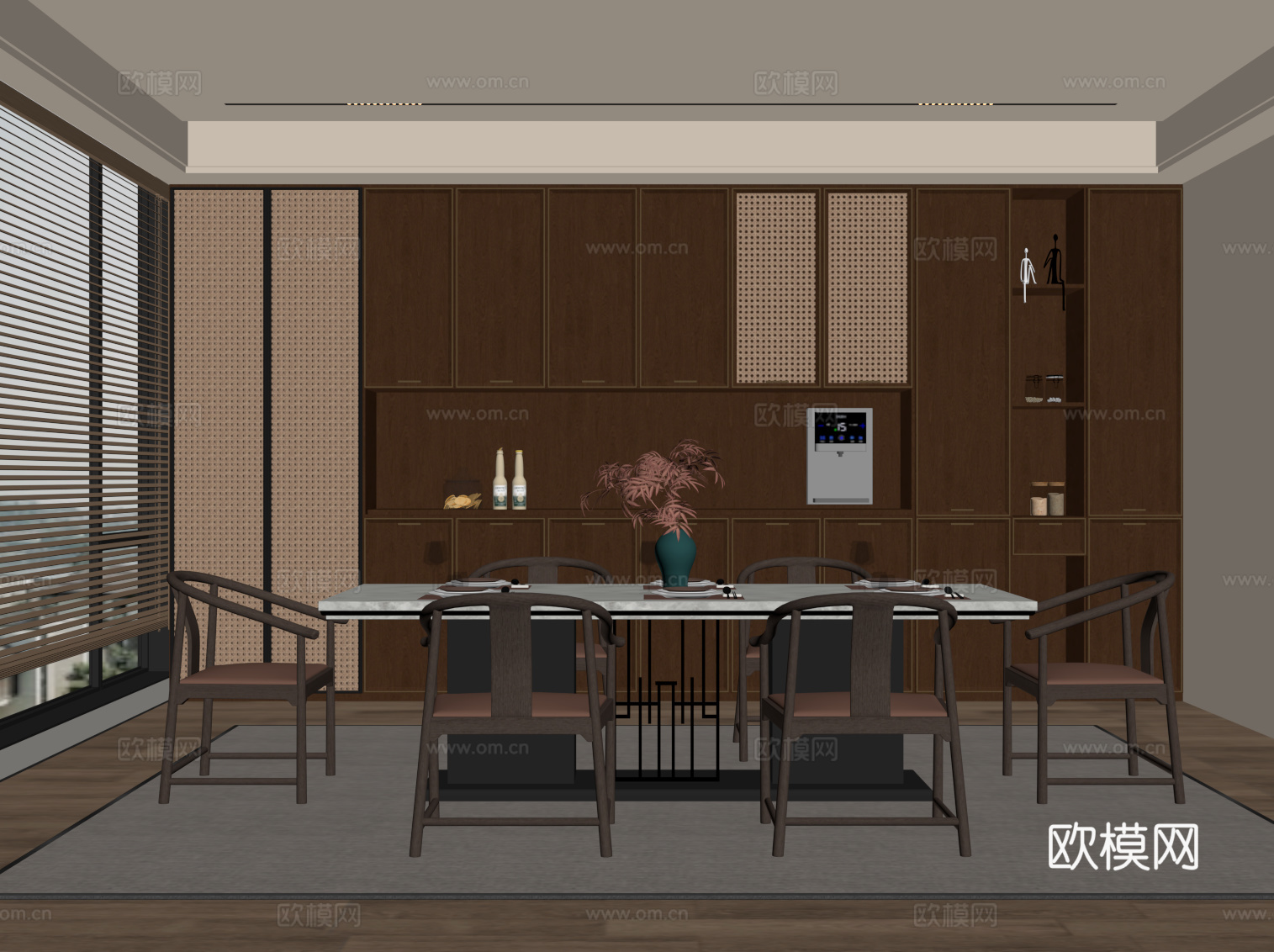 新中式餐厅 餐桌椅 酒柜su模型