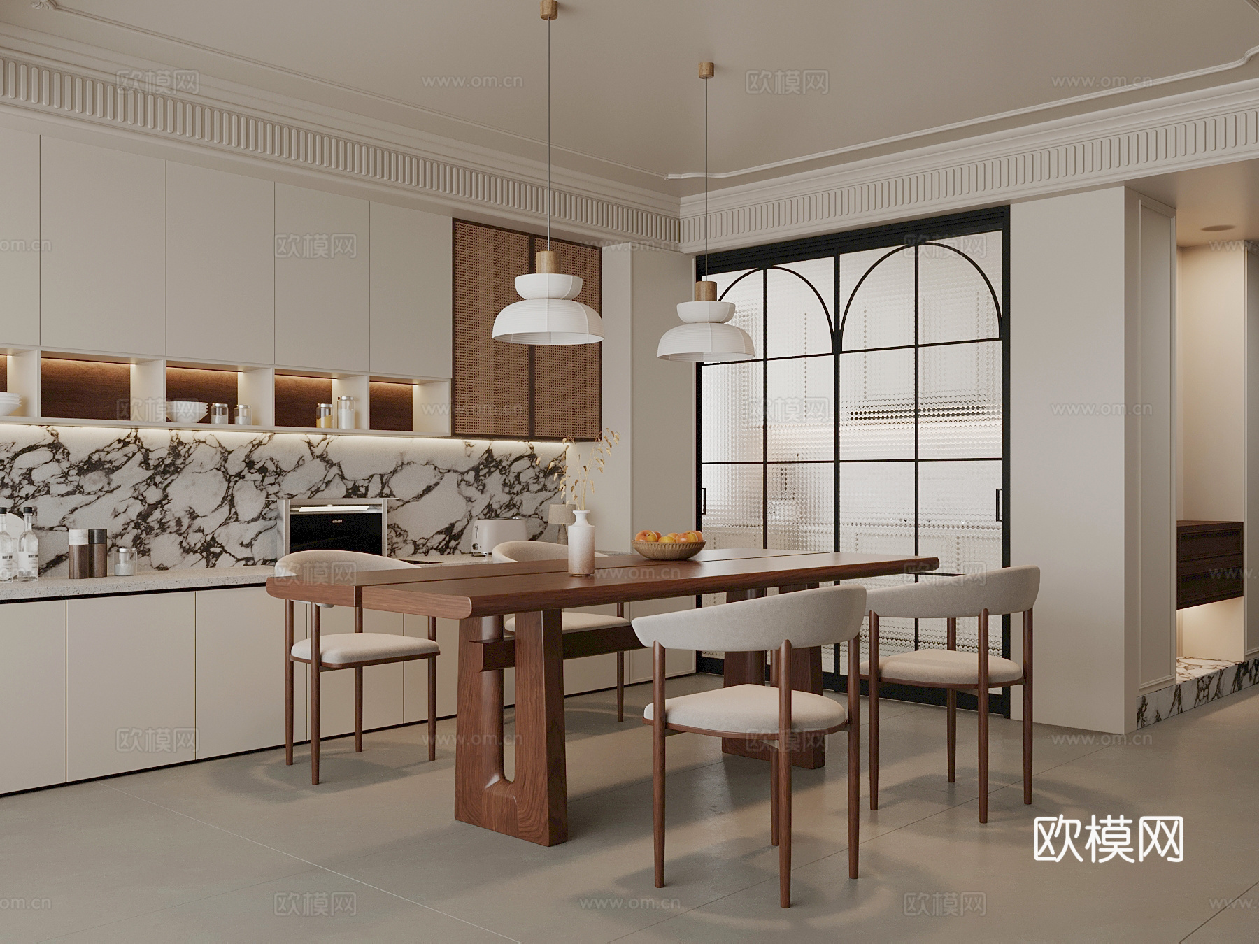 中古风餐厅 餐桌椅 酒柜 餐边柜3d模型下载