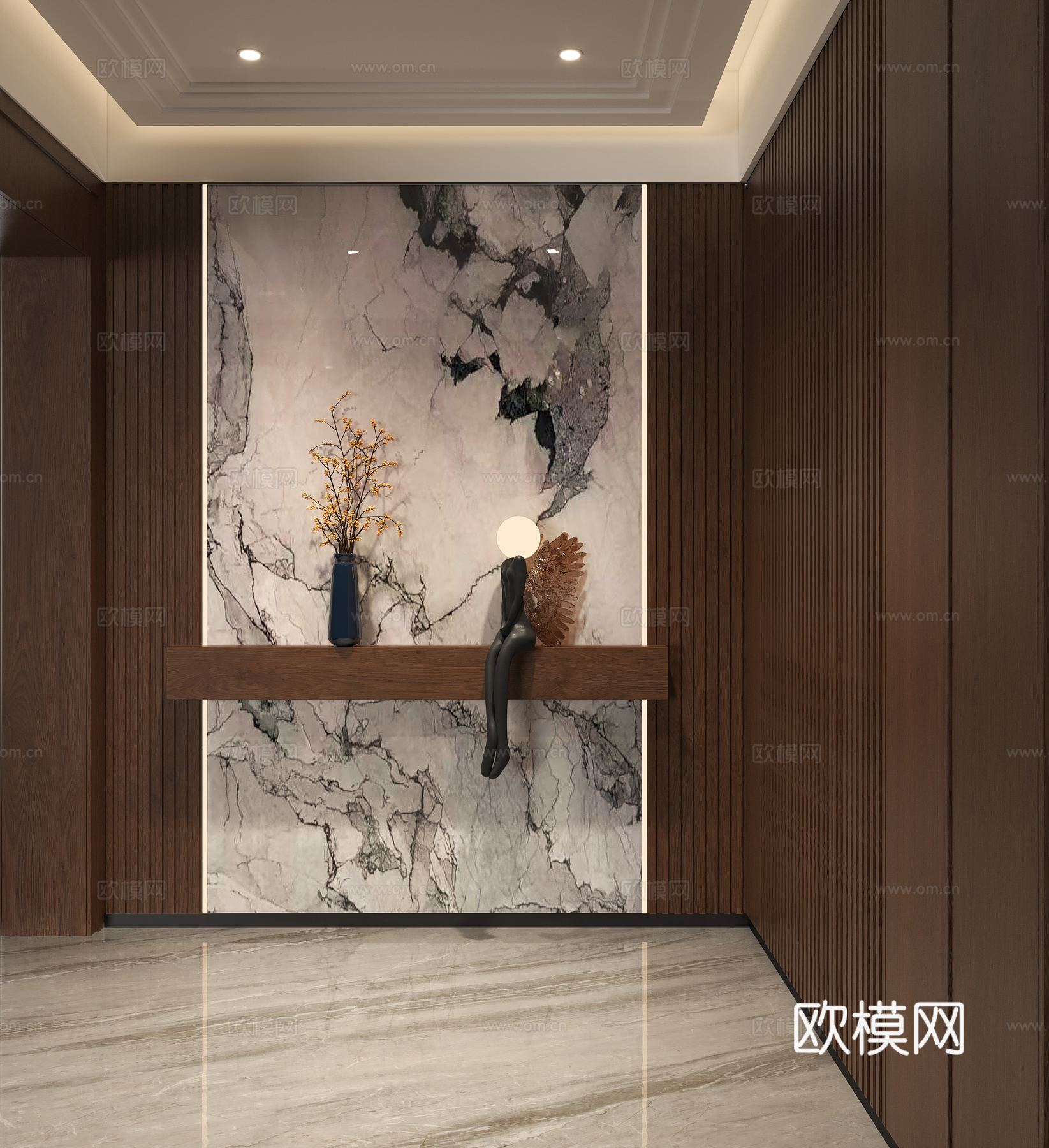 现代意式玄关门厅 意式入户端景背景 玄关奢石材背景墙 别墅门su模型