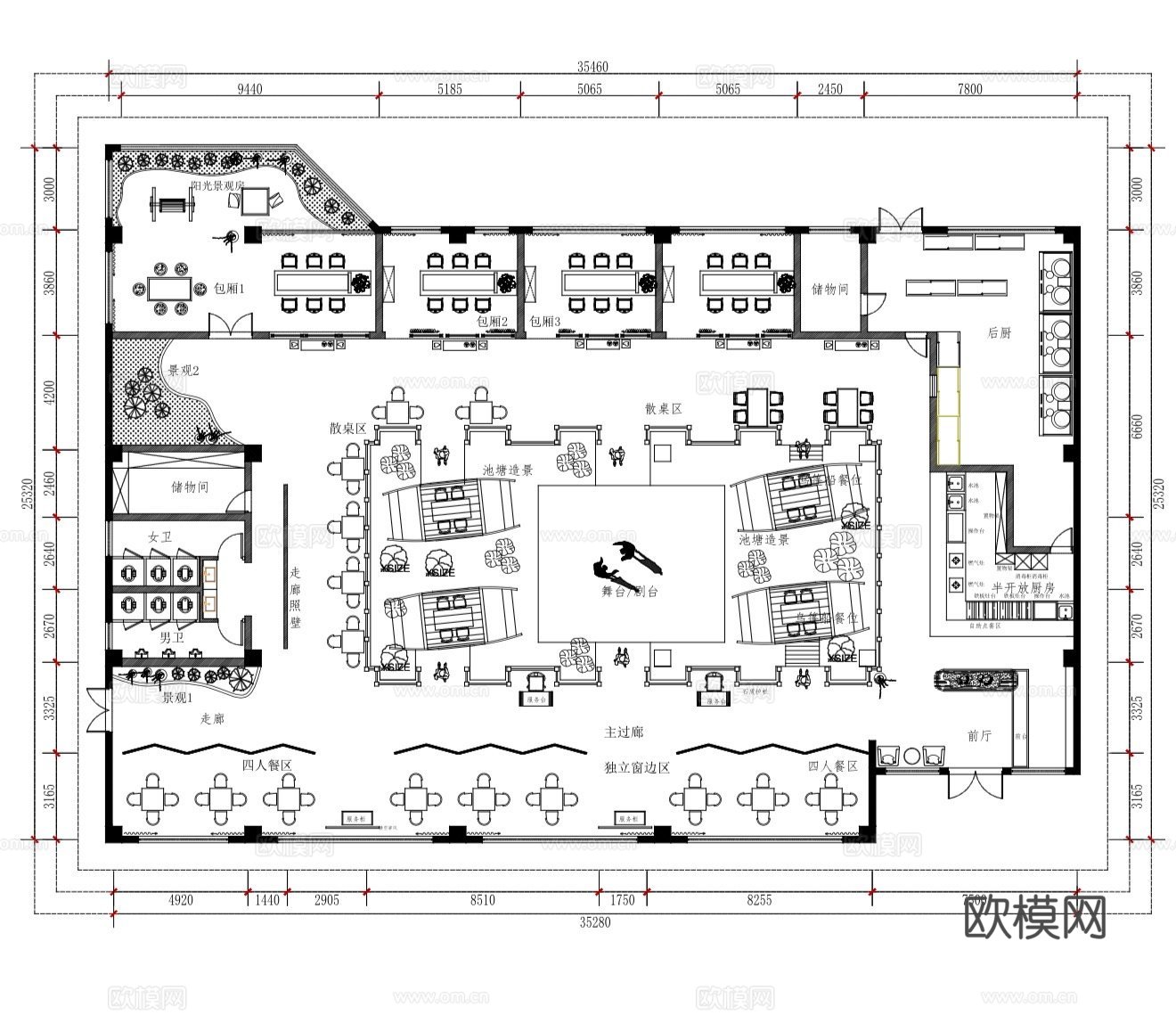 新中式园林平面图 中式餐厅平面图cad施工图
