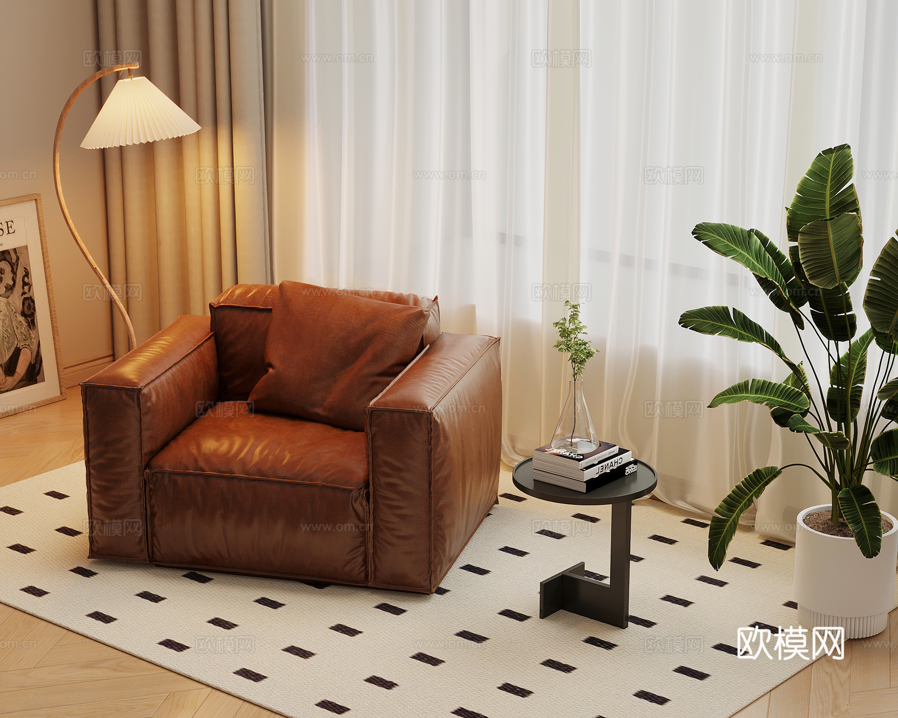 现代单人沙发 休闲沙发 边几 绿植3d模型下载