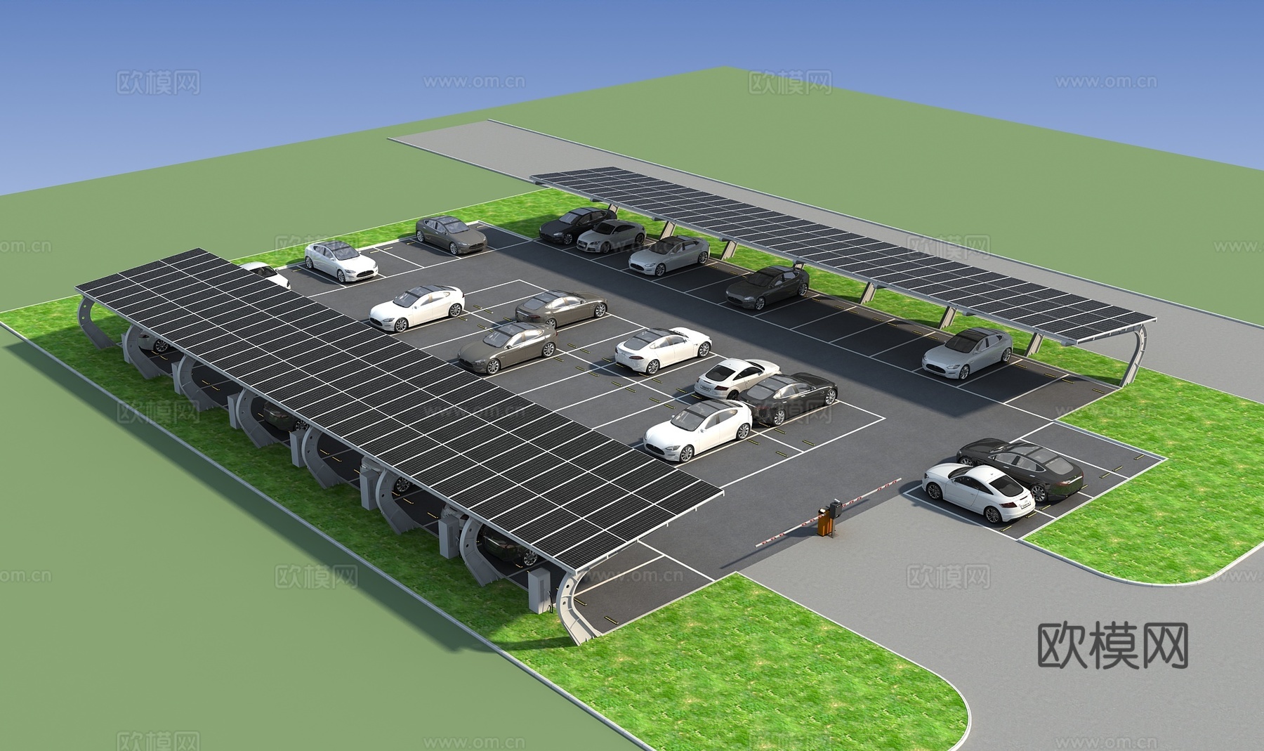 新能源停车场充电桩露天钢结构停车棚3d模型下载（渲染图1）