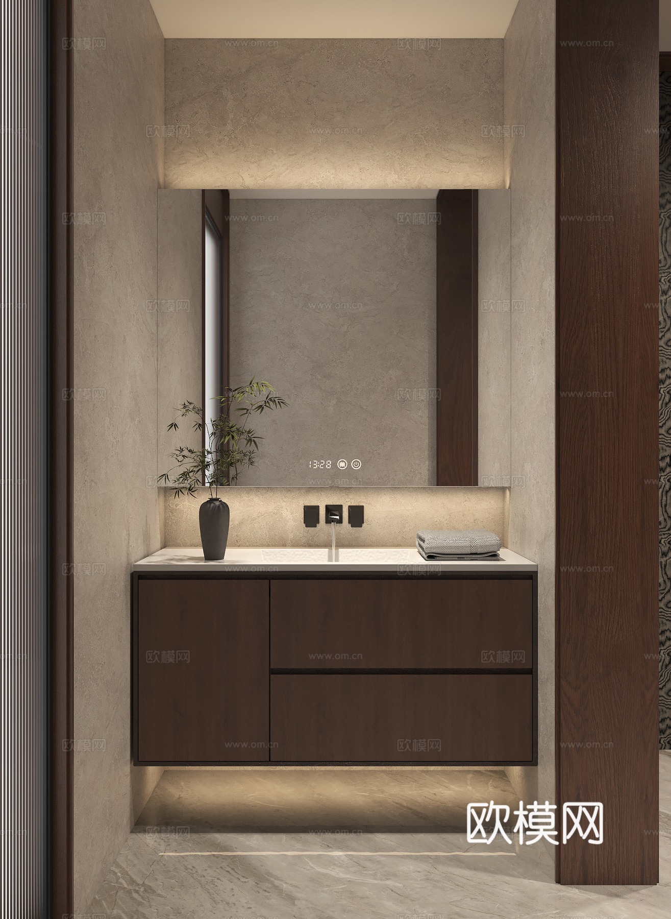 意式浴室柜镜子 新中式卫浴柜 极简镜柜 悬浮卫浴柜 卫生间灰3d模型下载（渲染图1）