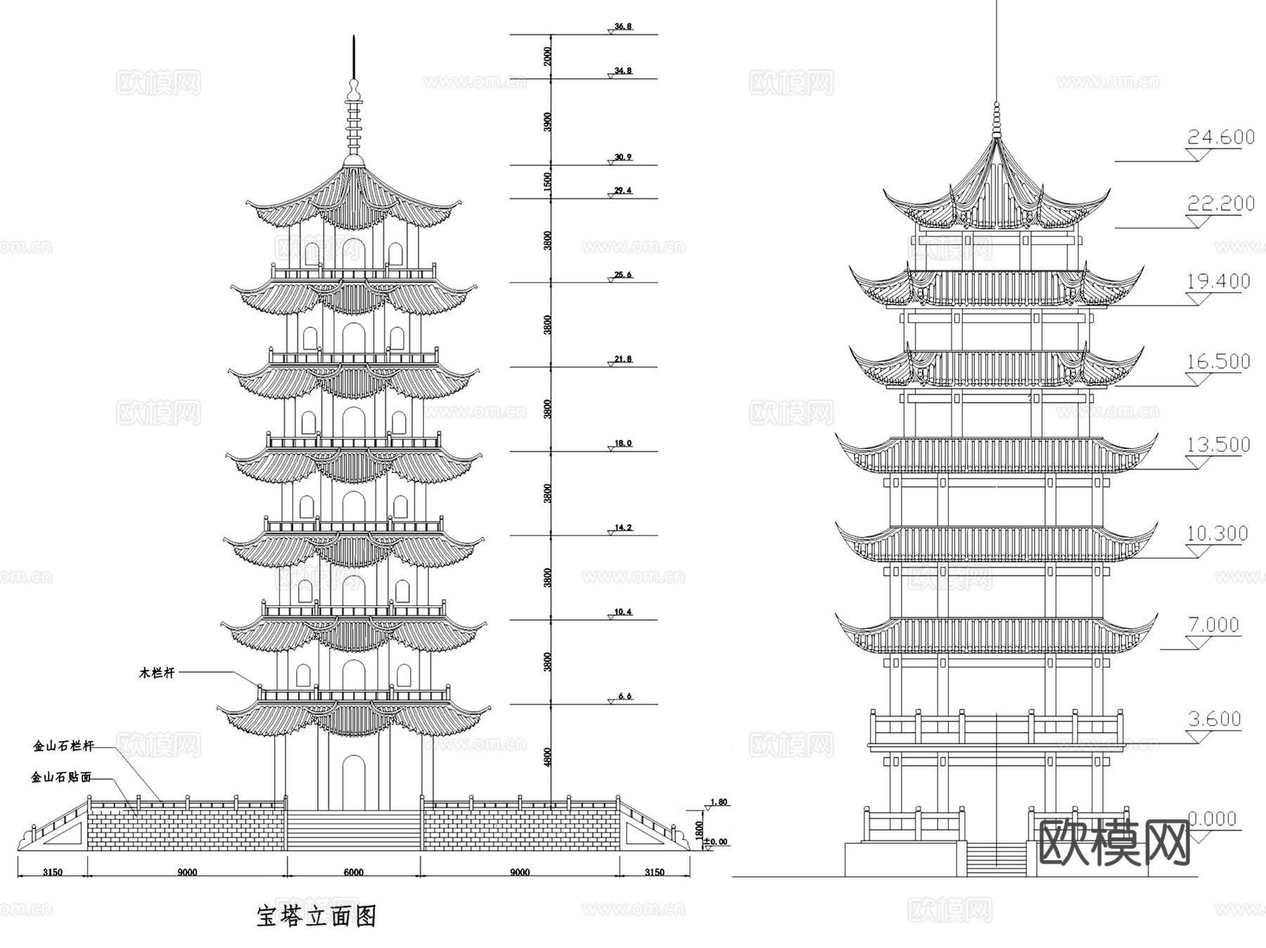 园林景观古建塔佛塔塔楼建筑CAD施工图集 12套cad施工图