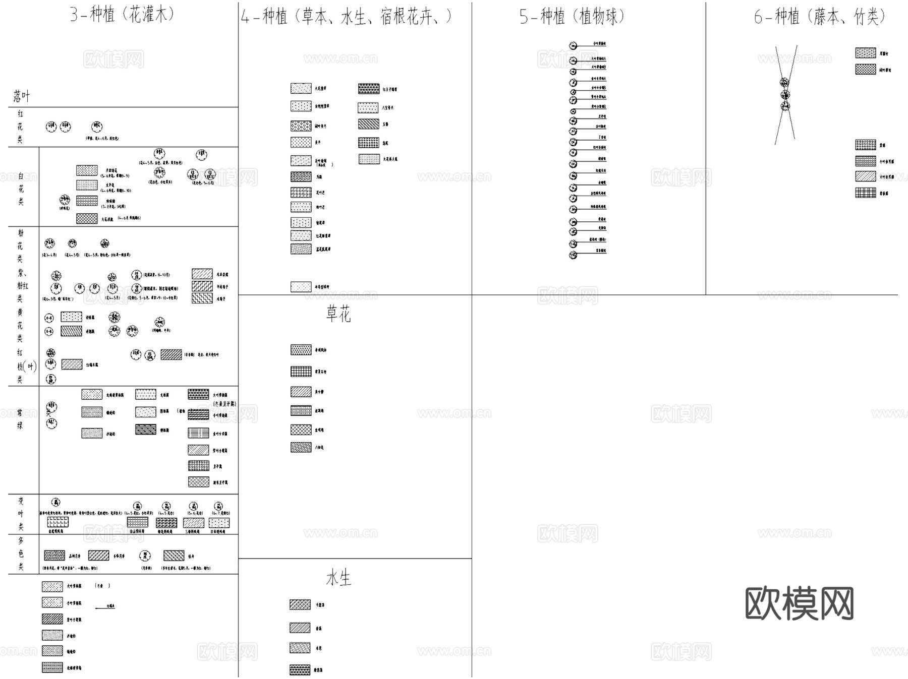 园林景观常用植物苗木表图例CAD图库cad施工图