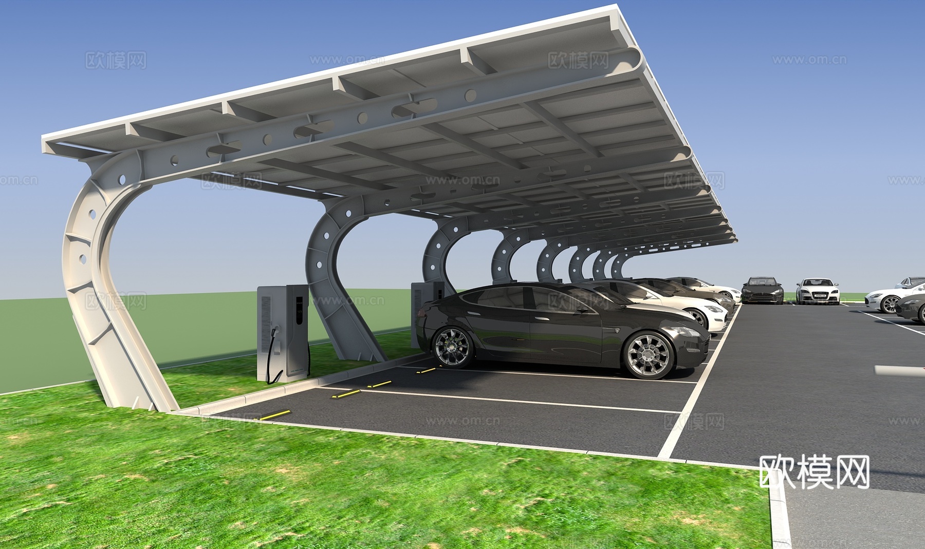 新能源停车场充电桩露天钢结构停车棚3d模型下载（渲染图2）