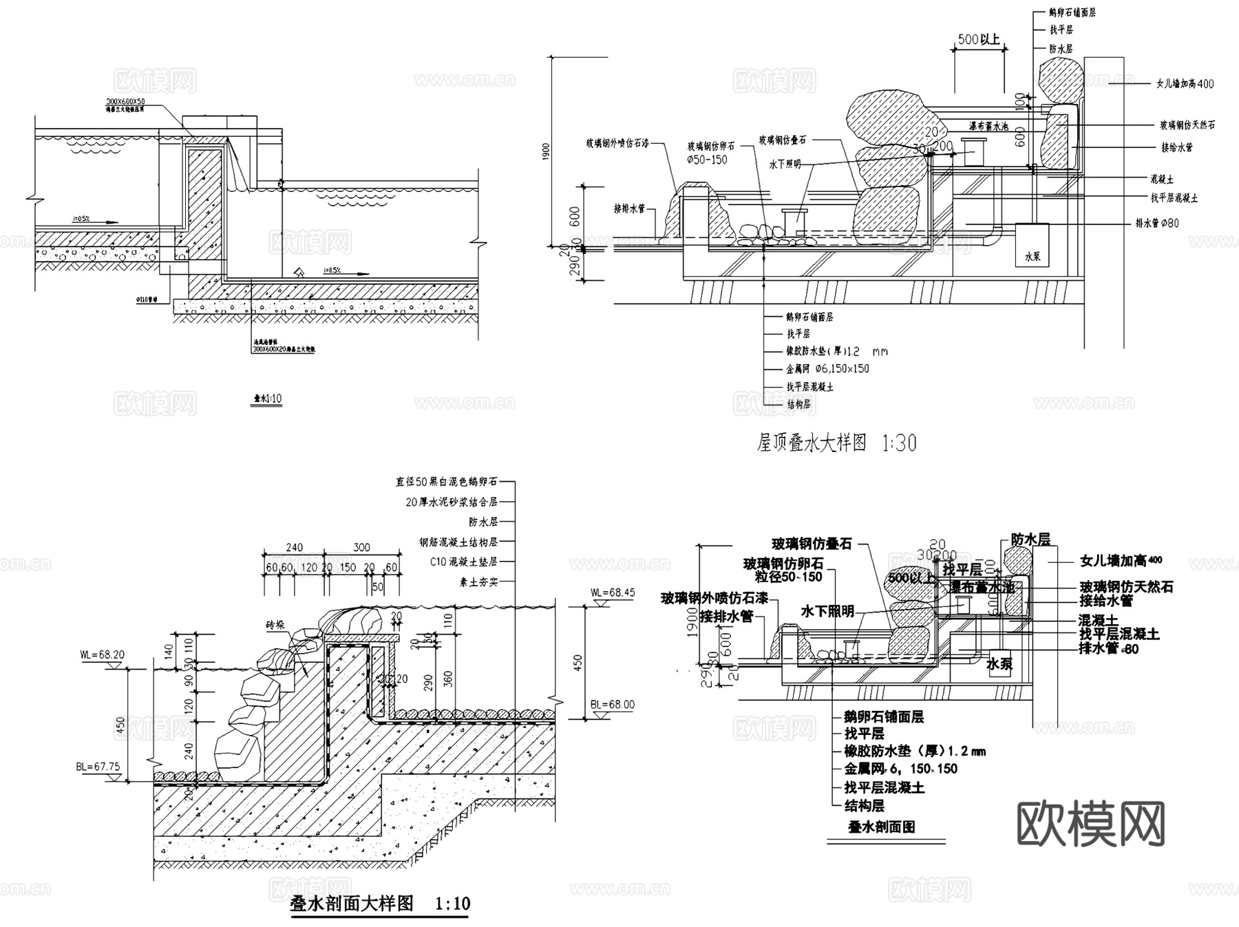 园林景观叠水跌水水景节点CAD施工图集 36套cad施工图