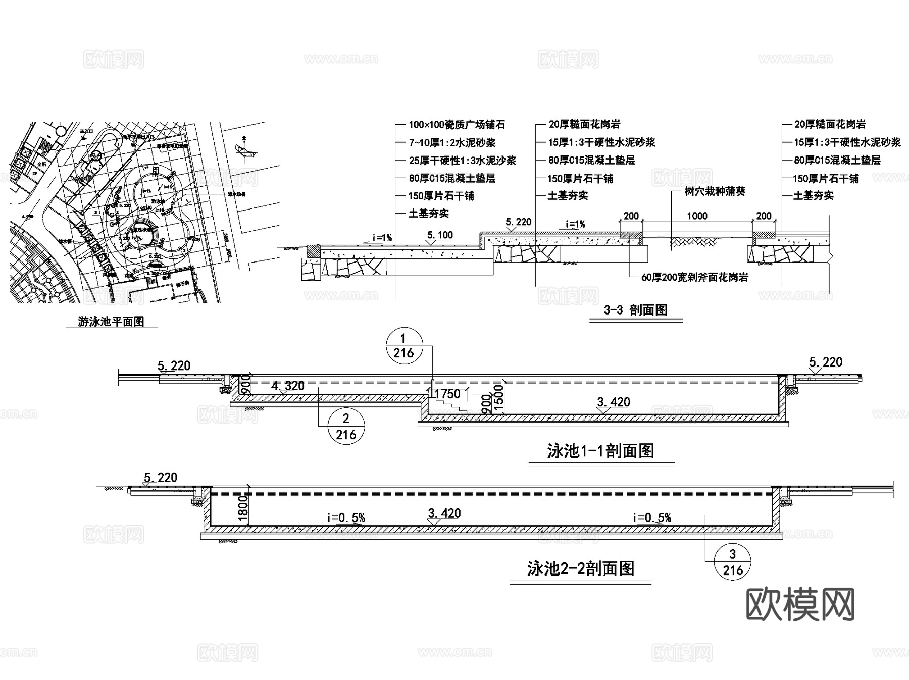 园林室外游泳池水池景观CAD施工图集 50套cad施工图