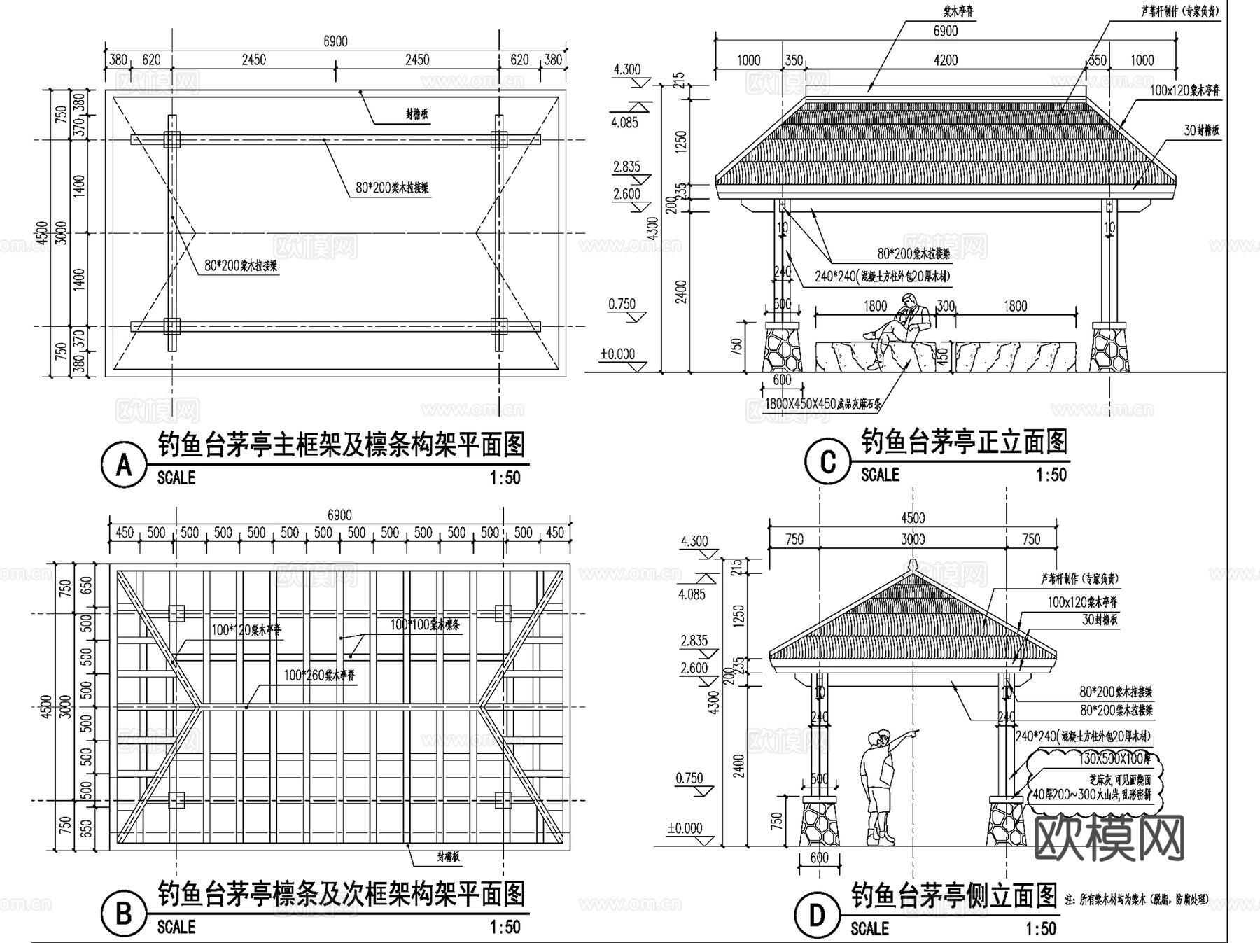 园林景观休闲茅草亭CAD扩初施工图集 13套cad施工图