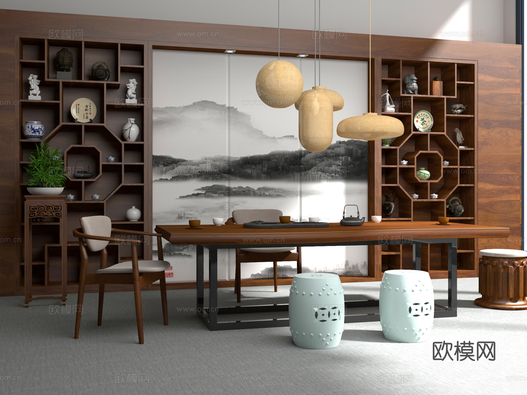 茶桌椅3d模型下载（渲染图1）