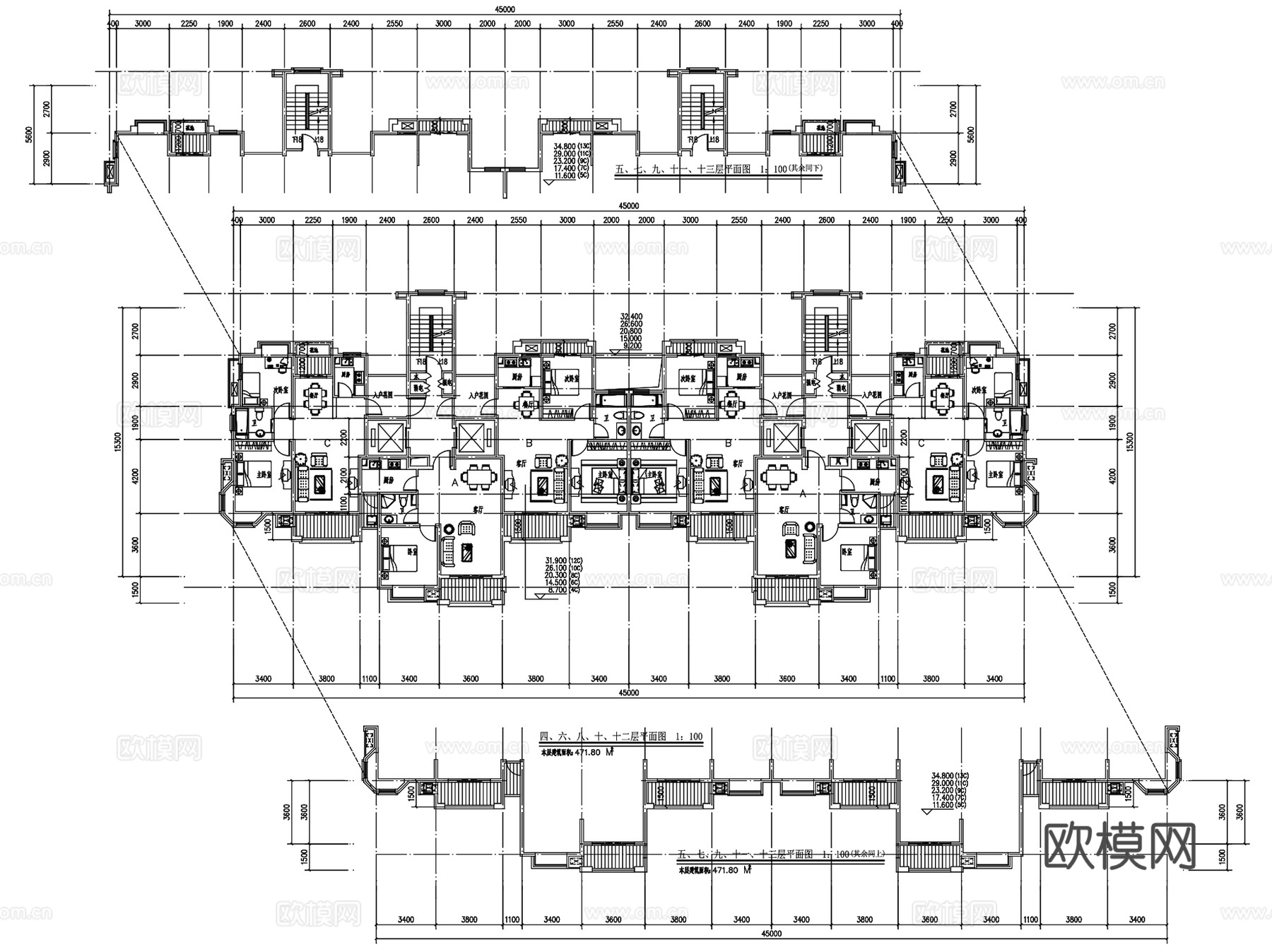 洋房多层高层公寓平层住宅建筑户型图CAD施工图集 40套cad施工图