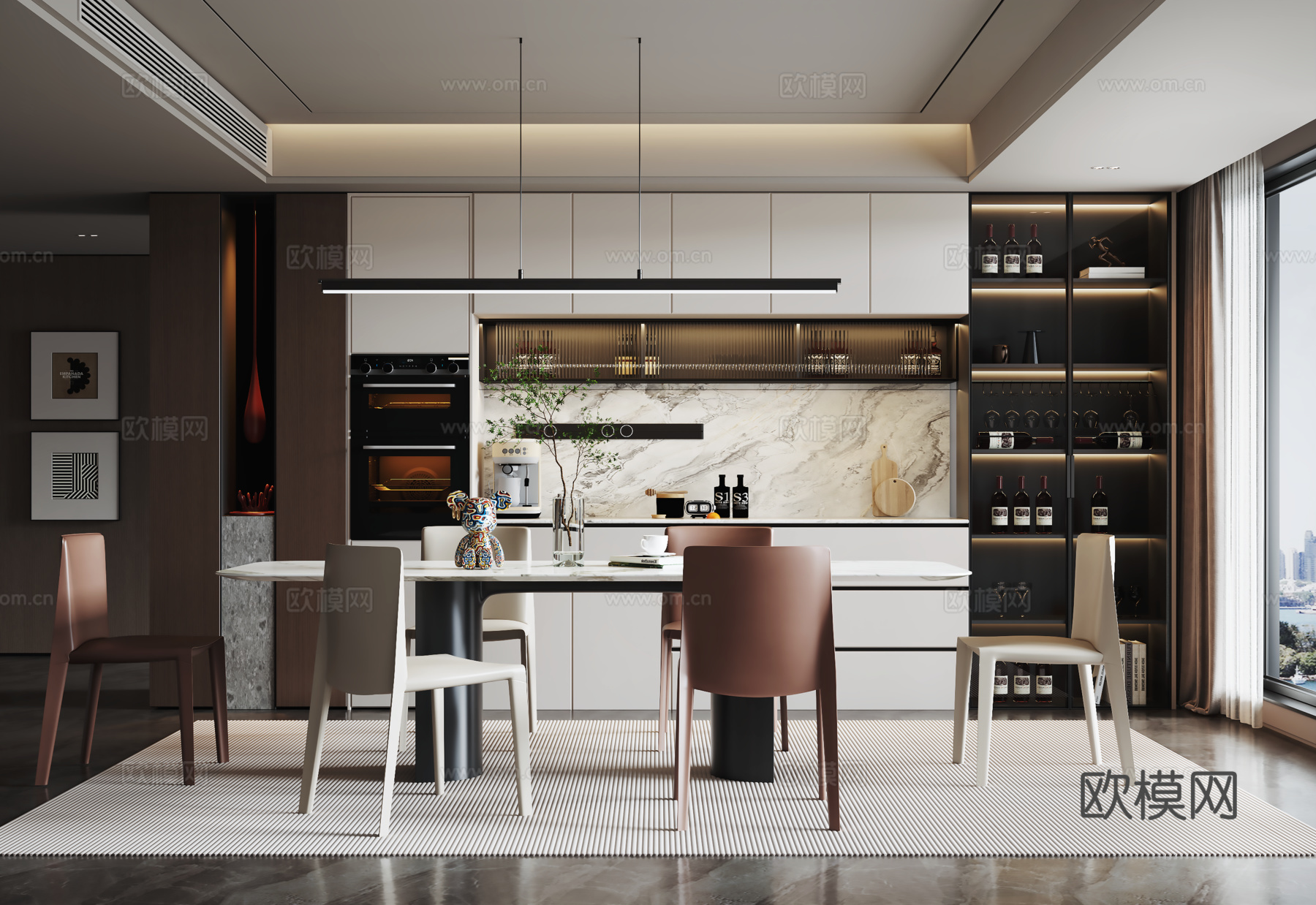 意式现代餐厅 餐桌椅 餐边柜 装饰画su模型