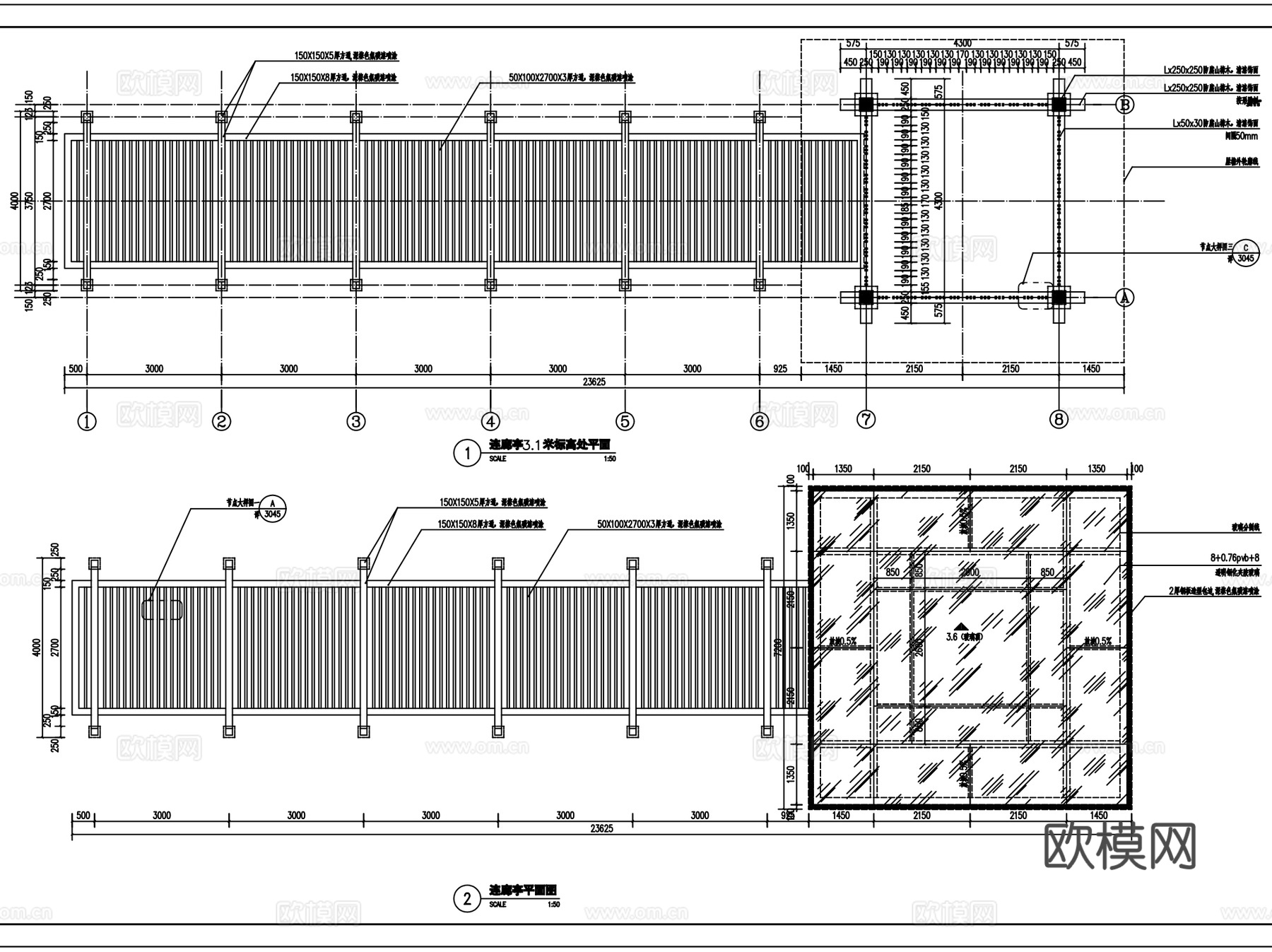 新中式连廊亭节点景观CAD施工图详图+SU模型cad施工图