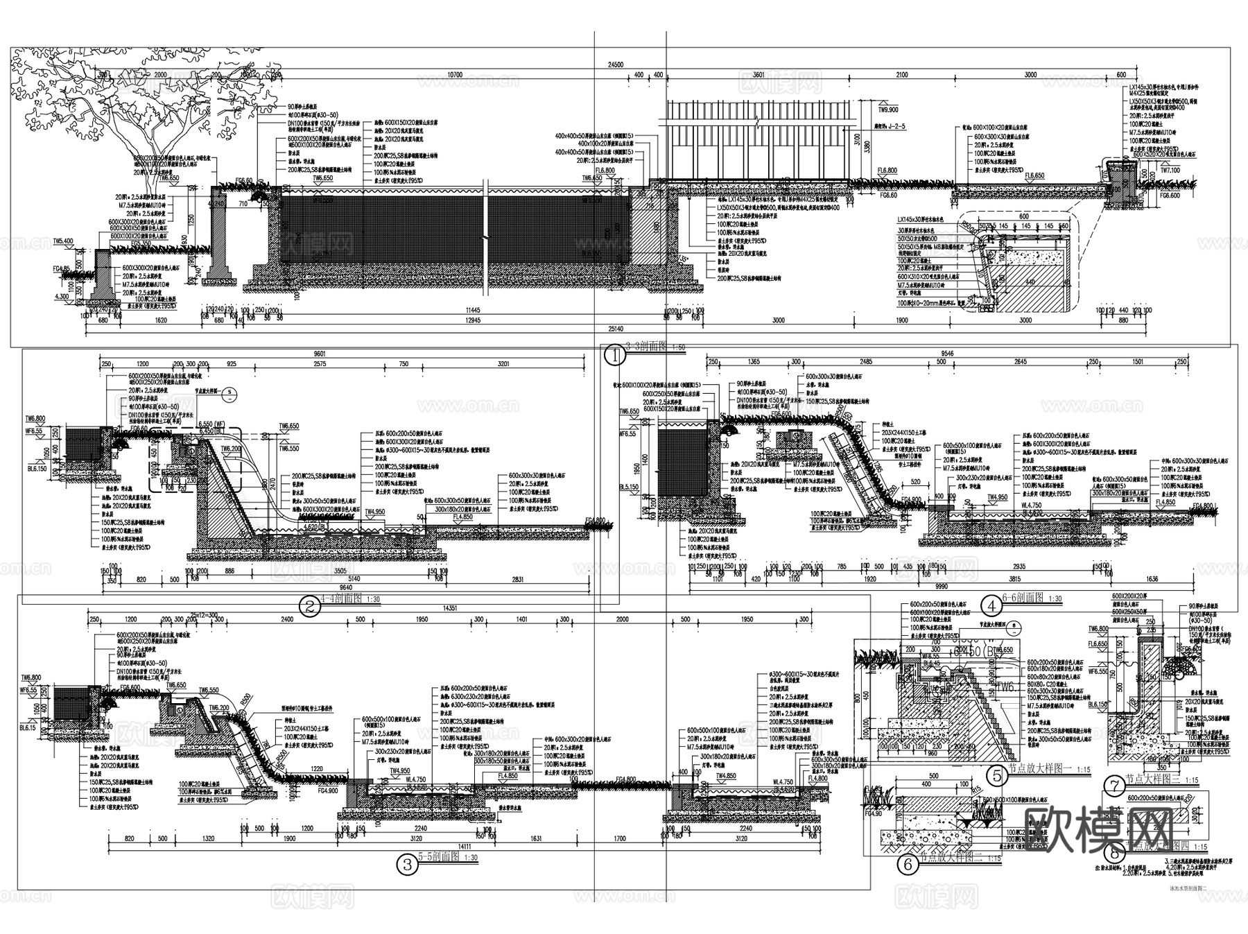 游泳池水池水景景观大样CAD施工图详集 6套cad施工图
